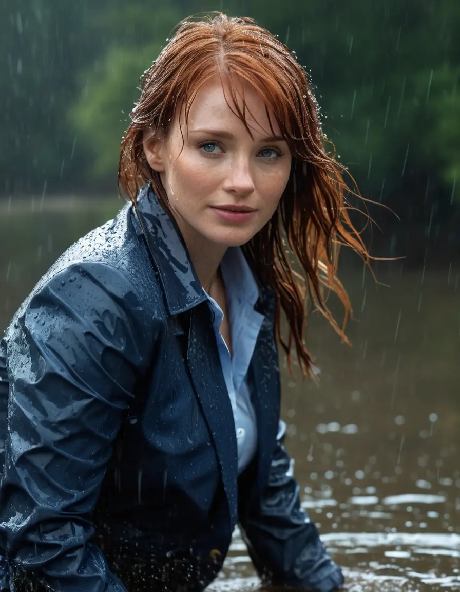 photo of young woman, in soaking wet, drenched clothes,
Dark Blue Business Trouser, Dark Blue Business Suit Jacket with Light Blue button down long sleeve business Shirt, Clear deep Mountain Lake, heavy rain, 
enjoying, wet clothes stuck to body,
detailed textures of the wet clothes, wet face, wet plastered hair,
wet, drenched, professional, high-quality details, full body view.
sharp focus, ultra-high pixel detail, realistic, high-quality, full colors, incredibly detailed, 4k, 8k, 16k, hyper-realistic, RAW photo, masterpiece, ultra-detailed, professionally color graded, professional photograph, bryce dallas howard, completely soaked, fully drenched, completely wet, wetlook, heavy rain, she smiles, side parting, open hair, rain storm, heavy rain