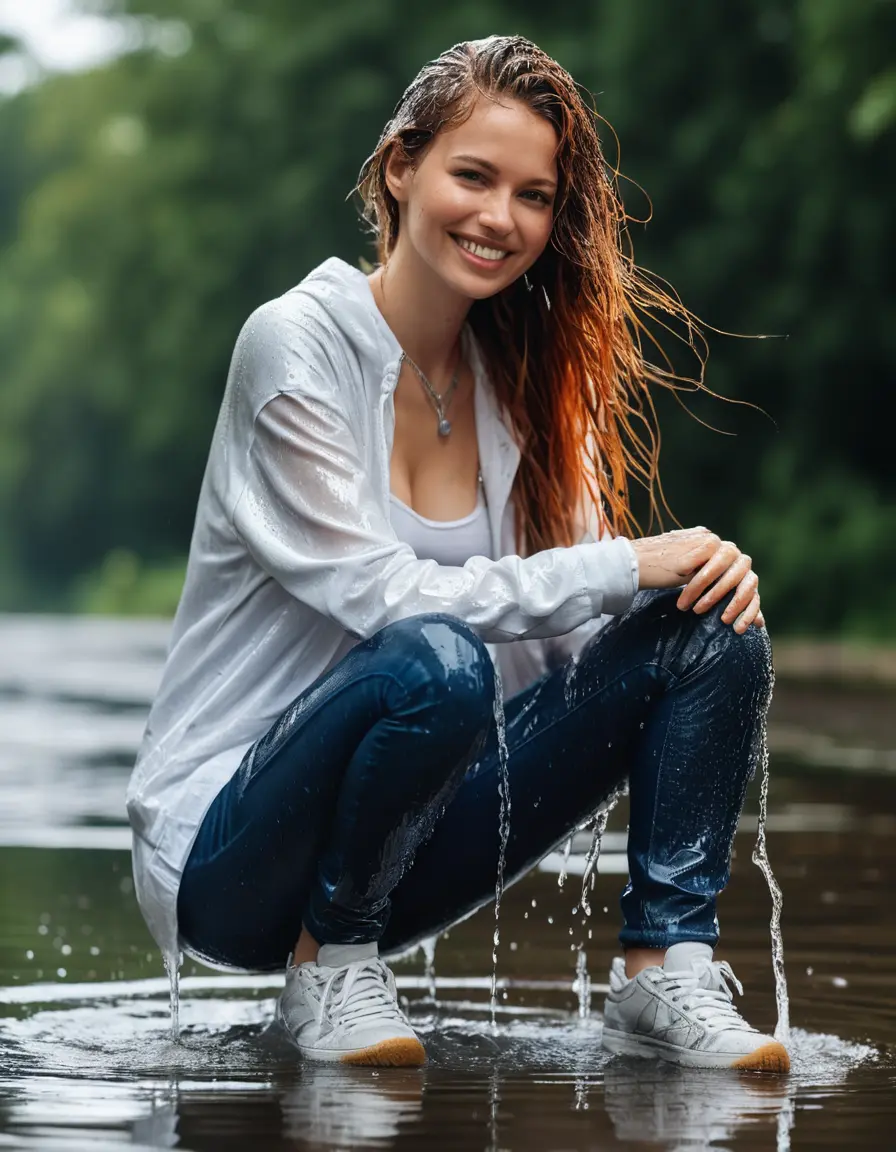 photo of young woman, in soaking wet, drenched clothes,
sport sneaker, long dark blue tight wet glistening jeans, white torn shirt, wet transparent, silber necklace, soaked through, woman 31 years old smile, medium boobs naked, red long volume hair, sit in a puddle, sunny day, 
enjoying, wet clothes stuck to body,
detailed textures of the wet clothes, wet face, wet plastered hair,
wet, drenched, professional, high-quality details, full body view.
sharp focus, ultra-high pixel detail, realistic, high-quality, full colors, incredibly detailed, 4k, 8k, 16k, hyper-realistic, RAW photo, masterpiece, ultra-detailed, professionally color graded, professional photograph, hdr10, high resolution, 8k, realistiic, hot pose
