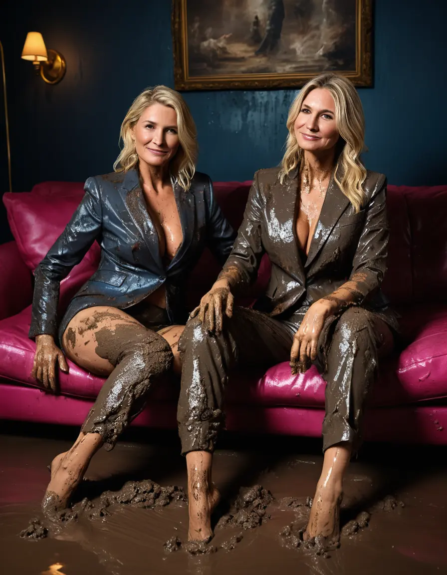 photo of young woman, in soaking wet, drenched clothes,
Black very high heels, Muddy long black suit trousers, Totally trashed and discoloured black muddy blazer like a fancy uniform over topless with huge muddy boobs, Muddy party in a dark muddy club. Mud splashed walls with mud-flooded floor. Dark mood lighting with pink and blue neon lights. Muddy furnitures and mud-covered sofas and chairs in the background., 
enjoying, wet clothes stuck to body,
detailed textures of the wet clothes, wet face, wet plastered hair,
wet, drenched, professional, high-quality details, full body view.
sharp focus, ultra-high pixel detail, realistic, high-quality, full colors, incredibly detailed, 4k, 8k, 16k, hyper-realistic, RAW photo, masterpiece, ultra-detailed, professionally color graded, professional photograph, Two elegant sixty years old skinny cute beautiful stunning blonde lesbian seductive tall business mature women are sitting comfortably on a dirty muddy luxury couch with spreaded legs close to each other during the indoor muddy disco. Their expensive formal clothes are filled with mud and totally mud-covered. So much and rough mud on the couch. Total muddy appearance. The classy elegant club is totally destroyed by mud, deep liquid mud on the floor and on the couch, mud spots everywhere, mud flows down on the walls and mud on the furnitures in the background. Long muddy sleek hair, smiling mudy faces, blue eyes. The women enjoying to be muddy, be dirty and be sexy while they are enjoying the muddy fetish party. Realistic boobs, realistic huge saggy boobs and nipples and photorealistic detailed happy and satisfied facial expressions. Intimate close-up picture about the old women from above. High heels and trousers are visible on the photo. Close-up photo, highly realistic representation, ultra sharp focus, highly photorealistic detailed textures, highly photorealistic detailed facial features and expressions, highly photorealistic hands, highly emotional reactions, highly best quality, highly sharp photorealistic image, highly photorealistic details, full UHD resolution, 32 K, very high level of detail and image sharpness, zoomed in
