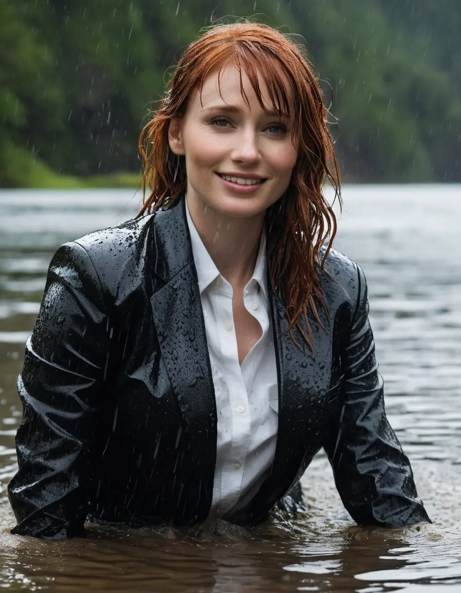 photo of young woman, in soaking wet, drenched clothes,
Black Business Trouser, Black Business Suit Jacket with white button down long sleeve business Shirt, Clear deep Mountain Lake, heavy rain, 
enjoying, wet clothes stuck to body,
detailed textures of the wet clothes, wet face, wet plastered hair,
wet, drenched, professional, high-quality details, full body view.
sharp focus, ultra-high pixel detail, realistic, high-quality, full colors, incredibly detailed, 4k, 8k, 16k, hyper-realistic, RAW photo, masterpiece, ultra-detailed, professionally color graded, professional photograph, bryce dallas howard, completely soaked, fully drenched, completely wet, wetlook, heavy rain, emerging,  she smiles, side parting, open hair, rain storm, heavy rain