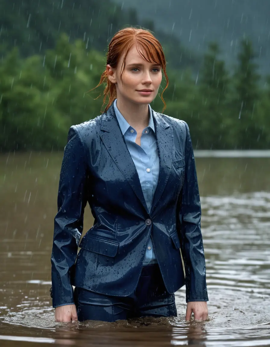photo of young woman, in soaking wet, drenched clothes,
Dark Blue Business Trouser, Dark Blue Business Suit Jacket with Light Blue button down long sleeve business Shirt, Clear deep Mountain Lake, heavy rain, 
enjoying, wet clothes stuck to body,
detailed textures of the wet clothes, wet face, wet plastered hair,
wet, drenched, professional, high-quality details, full body view.
sharp focus, ultra-high pixel detail, realistic, high-quality, full colors, incredibly detailed, 4k, 8k, 16k, hyper-realistic, RAW photo, masterpiece, ultra-detailed, professionally color graded, professional photograph, bryce dallas howard, completely soaked, fully drenched, completely wet, wetlook, heavy rain, she smiles, side parting, open hair, rain storm, heavy rain, she swimms in water