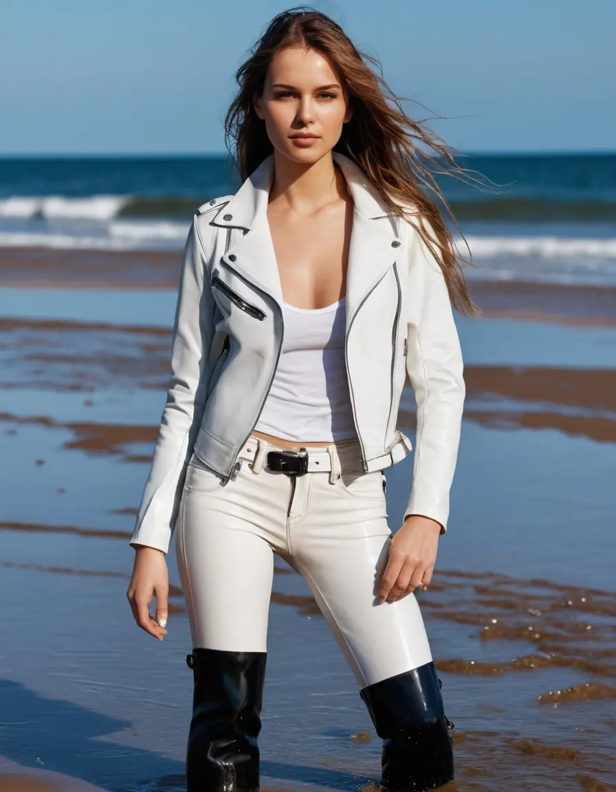 photo of young woman, in soaking wet, drenched clothes,
skin tight leather boots, white leather jeans, black latex polar neck tank top and a white leather jacket, walking on a beach, sunny, 
enjoying, wet clothes stuck to body,
detailed textures of the wet clothes, wet face, wet plastered hair,
wet, drenched, professional, high-quality details, full body view.
sharp focus, ultra-high pixel detail, realistic, high-quality, full colors, incredibly detailed, 4k, 8k, 16k, hyper-realistic, RAW photo, masterpiece, ultra-detailed, professionally color graded, professional photograph, white woman with long brown loose hair