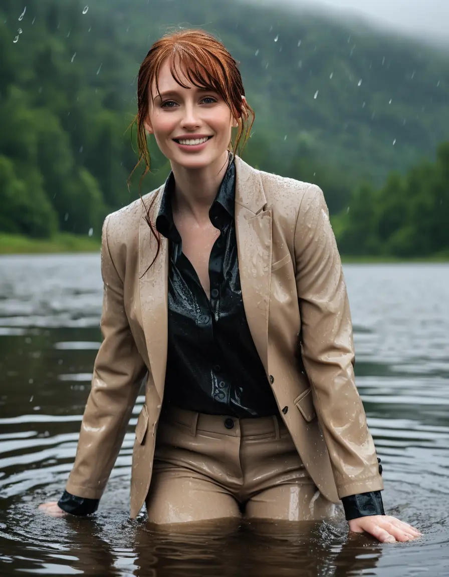 photo of young woman, in soaking wet, drenched clothes,
Beige Business Trouser, Beige Business Suit Jacket with Black button down long sleeve business Shirt, Clear deep Mountain Lake, heavy rain, 
enjoying, wet clothes stuck to body,
detailed textures of the wet clothes, wet face, wet plastered hair,
wet, drenched, professional, high-quality details, full body view.
sharp focus, ultra-high pixel detail, realistic, high-quality, full colors, incredibly detailed, 4k, 8k, 16k, hyper-realistic, RAW photo, masterpiece, ultra-detailed, professionally color graded, professional photograph, bryce dallas howard, completely soaked, fully drenched, completely wet, wetlook, heavy rain, emerging,  she smiles, side parting, open hair, rain storm, heavy rain