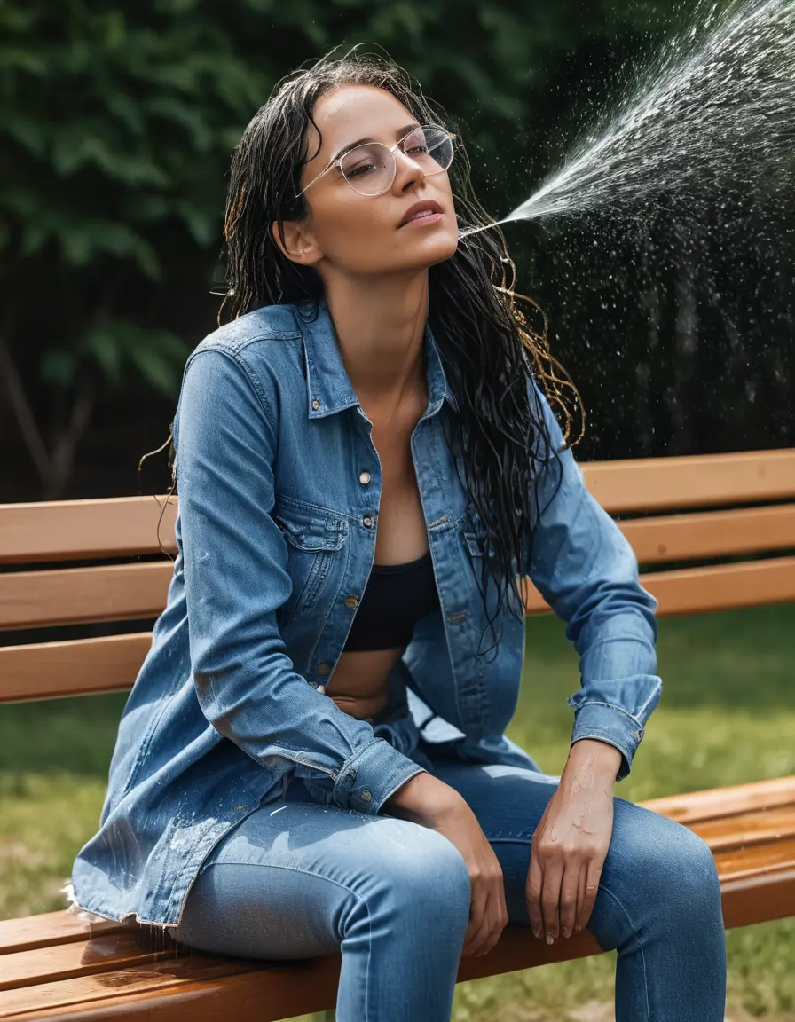 photo of young woman, in soaking wet, drenched clothes,
sneaker, long blue tight wet glistening high-waisted jeans, blue jeans shirt with long sleeves, siting on the bench under sprinklers, sunny day, 
enjoying, wet clothes stuck to body,
detailed textures of the wet clothes, wet face, wet plastered hair,
wet, drenched, professional, high-quality details, full body view.
sharp focus, ultra-high pixel detail, realistic, high-quality, full colors, incredibly detailed, 4k, 8k, 16k, hyper-realistic, RAW photo, masterpiece, ultra-detailed, professionally color graded, professional photograph, woman 51 years old, black long hair, complete body, open mouth, office glasses