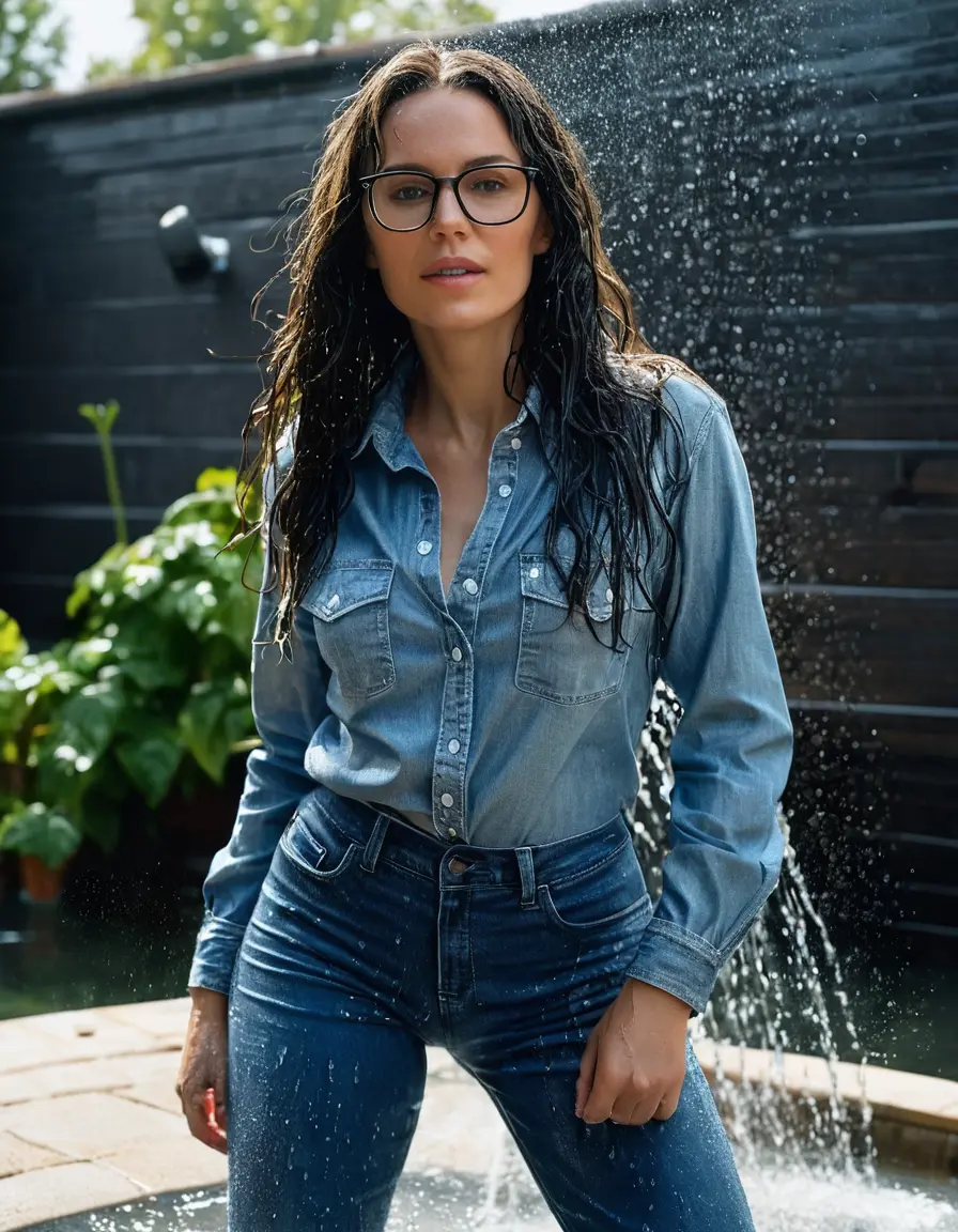 photo of young woman, in soaking wet, drenched clothes,
sneaker, long blue tight wet glistening high-waisted jeans, blue jeans shirt with long sleeves, under shower in the flooded garden, sunny day, 
enjoying, wet clothes stuck to body,
detailed textures of the wet clothes, wet face, wet plastered hair,
wet, drenched, professional, high-quality details, full body view.
sharp focus, ultra-high pixel detail, realistic, high-quality, full colors, incredibly detailed, 4k, 8k, 16k, hyper-realistic, RAW photo, masterpiece, ultra-detailed, professionally color graded, professional photograph, woman 51 years old, black long hair, complete body, open mouth, office glasses