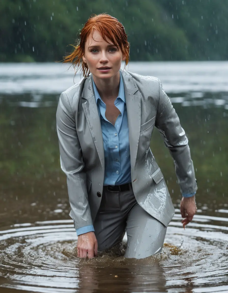 photo of young woman, in soaking wet, drenched clothes,
Light Gray Business Trouser, Light Gray Business Suit Jacket with Light Blue button down long sleeve business Shirt, Clear deep Mountain Lake, heavy rain, 
enjoying, wet clothes stuck to body,
detailed textures of the wet clothes, wet face, wet plastered hair,
wet, drenched, professional, high-quality details, full body view.
sharp focus, ultra-high pixel detail, realistic, high-quality, full colors, incredibly detailed, 4k, 8k, 16k, hyper-realistic, RAW photo, masterpiece, ultra-detailed, professionally color graded, professional photograph, bryce dallas howard, completely soaked, fully drenched, completely wet, wetlook, heavy rain, emerging,  she smiles, side parting, open hair, rain storm, heavy rain