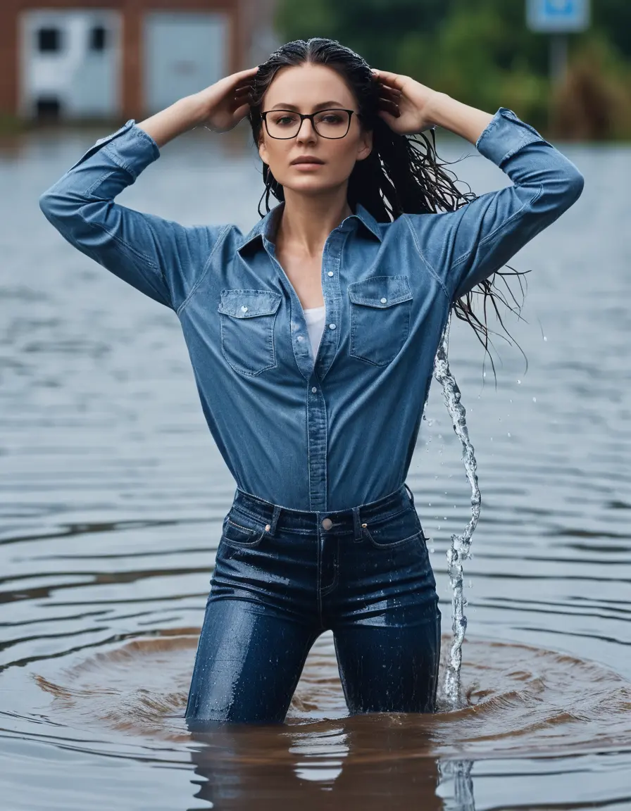 photo of young woman, in soaking wet, drenched clothes,
sneaker, long blue tight wet glistening high-waisted jeans, blue jeans shirt with long sleeves, teaching in the flooded school class, 
enjoying, wet clothes stuck to body,
detailed textures of the wet clothes, wet face, wet plastered hair,
wet, drenched, professional, high-quality details, full body view.
sharp focus, ultra-high pixel detail, realistic, high-quality, full colors, incredibly detailed, 4k, 8k, 16k, hyper-realistic, RAW photo, masterpiece, ultra-detailed, professionally color graded, professional photograph, woman 51 years old, black long hair, complete body, open mouth, office glasses
