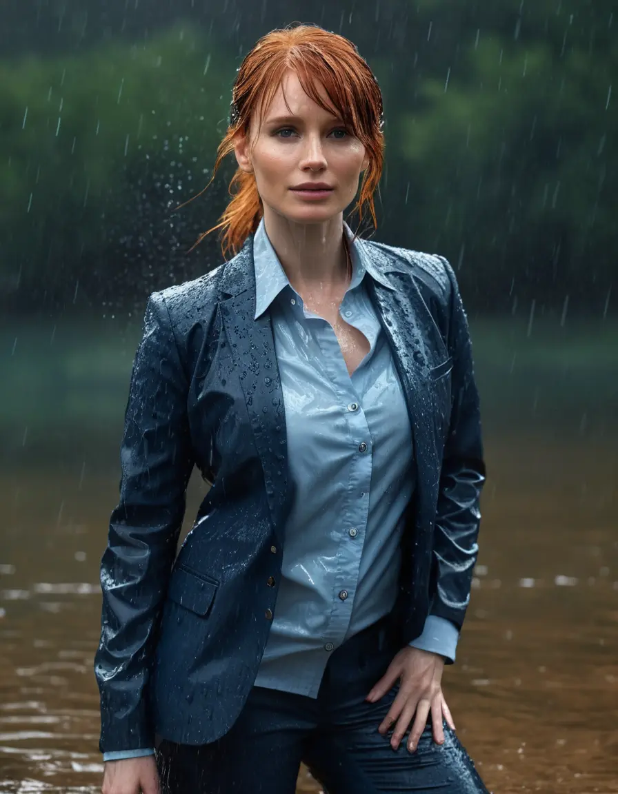 photo of young woman, in soaking wet, drenched clothes,
Dark Blue Business Trouser, Dark Blue Business Suit Jacket with Light Blue button down long sleeve business Shirt, Clear deep Mountain Lake, heavy rain, 
enjoying, wet clothes stuck to body,
detailed textures of the wet clothes, wet face, wet plastered hair,
wet, drenched, professional, high-quality details, full body view.
sharp focus, ultra-high pixel detail, realistic, high-quality, full colors, incredibly detailed, 4k, 8k, 16k, hyper-realistic, RAW photo, masterpiece, ultra-detailed, professionally color graded, professional photograph, bryce dallas howard, completely soaked, fully drenched, completely wet, wetlook, heavy rain, she smiles, side parting, open hair, rain storm, heavy rain