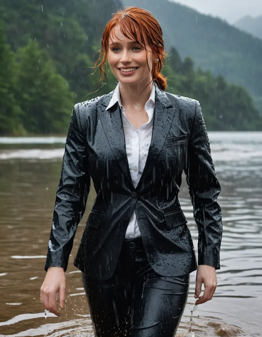 photo of young woman, in soaking wet, drenched clothes,
Black Business Trouser, Black Business Suit Jacket with white button down long sleeve business Shirt, Clear deep Mountain Lake, heavy rain, 
enjoying, wet clothes stuck to body,
detailed textures of the wet clothes, wet face, wet plastered hair,
wet, drenched, professional, high-quality details, full body view.
sharp focus, ultra-high pixel detail, realistic, high-quality, full colors, incredibly detailed, 4k, 8k, 16k, hyper-realistic, RAW photo, masterpiece, ultra-detailed, professionally color graded, professional photograph, bryce dallas howard, completely soaked, fully drenched, completely wet, wetlook, heavy rain, emerging,  she smiles, side parting, open hair, rain storm, heavy rain