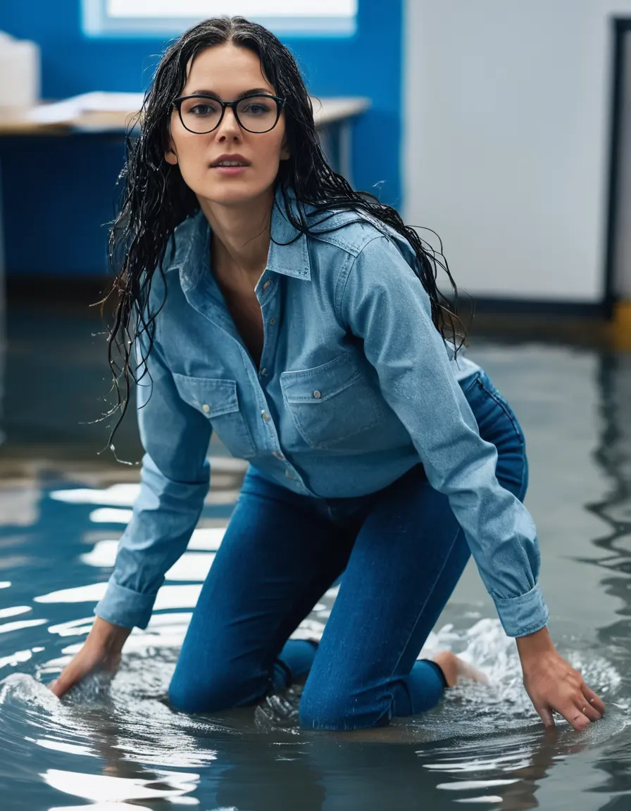photo of young woman, in soaking wet, drenched clothes,
sneaker, long blue tight wet glistening high-waisted jeans, blue jeans shirt with long sleeves, teaching in the flooded classroom, 
enjoying, wet clothes stuck to body,
detailed textures of the wet clothes, wet face, wet plastered hair,
wet, drenched, professional, high-quality details, full body view.
sharp focus, ultra-high pixel detail, realistic, high-quality, full colors, incredibly detailed, 4k, 8k, 16k, hyper-realistic, RAW photo, masterpiece, ultra-detailed, professionally color graded, professional photograph, woman 51 years old, black long hair, complete body, open mouth, office glasses