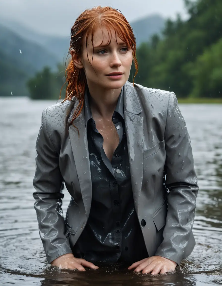 photo of young woman, in soaking wet, drenched clothes,
Light Gray Business Trouser, Light Gray Business Suit Jacket with Black button down long sleeve business Shirt, Clear deep Mountain Lake, heavy rain, 
enjoying, wet clothes stuck to body,
detailed textures of the wet clothes, wet face, wet plastered hair,
wet, drenched, professional, high-quality details, full body view.
sharp focus, ultra-high pixel detail, realistic, high-quality, full colors, incredibly detailed, 4k, 8k, 16k, hyper-realistic, RAW photo, masterpiece, ultra-detailed, professionally color graded, professional photograph, bryce dallas howard, completely soaked, fully drenched, completely wet, wetlook, heavy rain, emerging,  she smiles, side parting, open hair, rain storm, heavy rain
