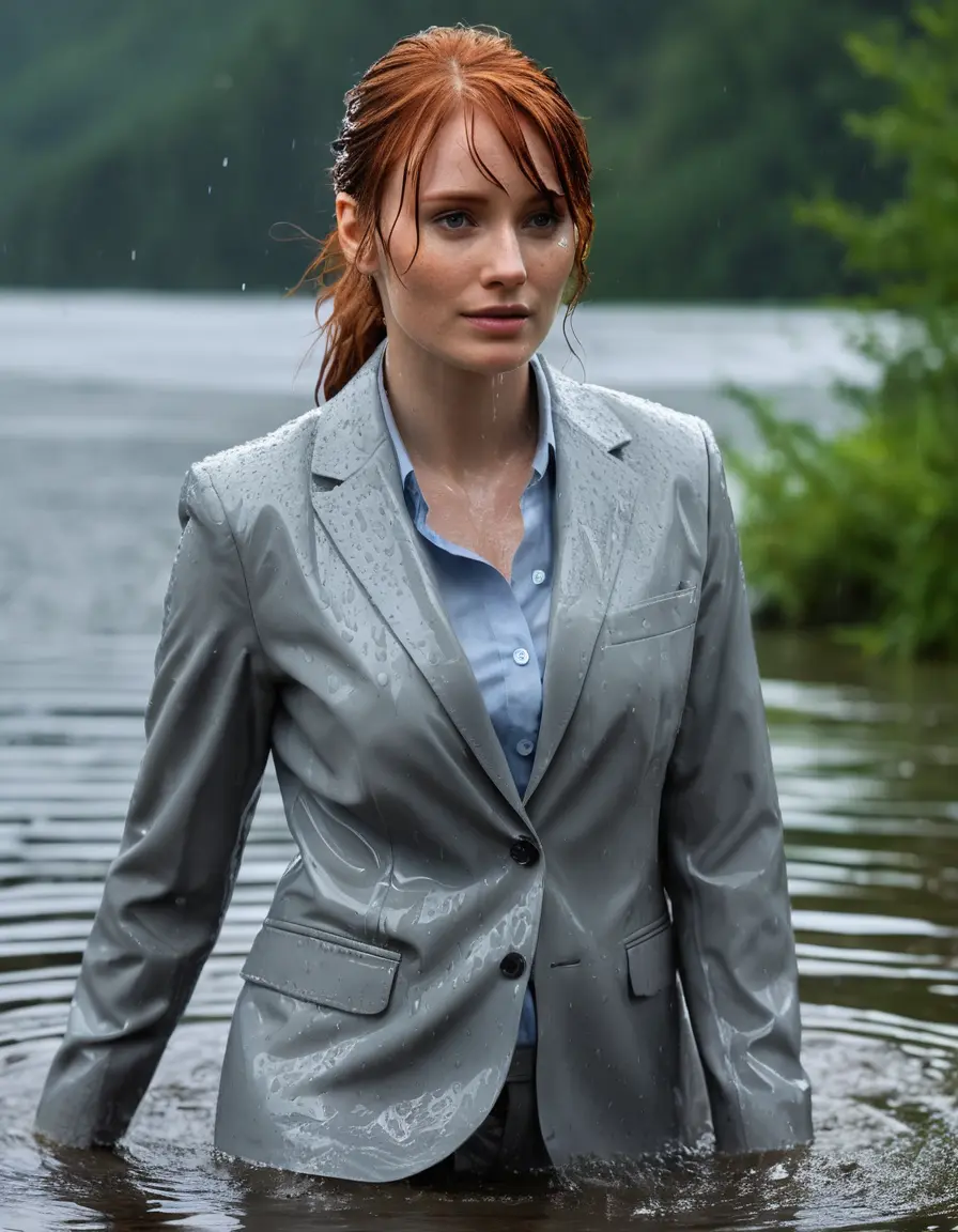 photo of young woman, in soaking wet, drenched clothes,
Light Gray Business Trouser, Light Gray Business Suit Jacket with Light Blue button down long sleeve business Shirt, Clear deep Mountain Lake, heavy rain, 
enjoying, wet clothes stuck to body,
detailed textures of the wet clothes, wet face, wet plastered hair,
wet, drenched, professional, high-quality details, full body view.
sharp focus, ultra-high pixel detail, realistic, high-quality, full colors, incredibly detailed, 4k, 8k, 16k, hyper-realistic, RAW photo, masterpiece, ultra-detailed, professionally color graded, professional photograph, bryce dallas howard, completely soaked, fully drenched, completely wet, wetlook, heavy rain, she smiles, side parting, open hair, rain storm, heavy rain