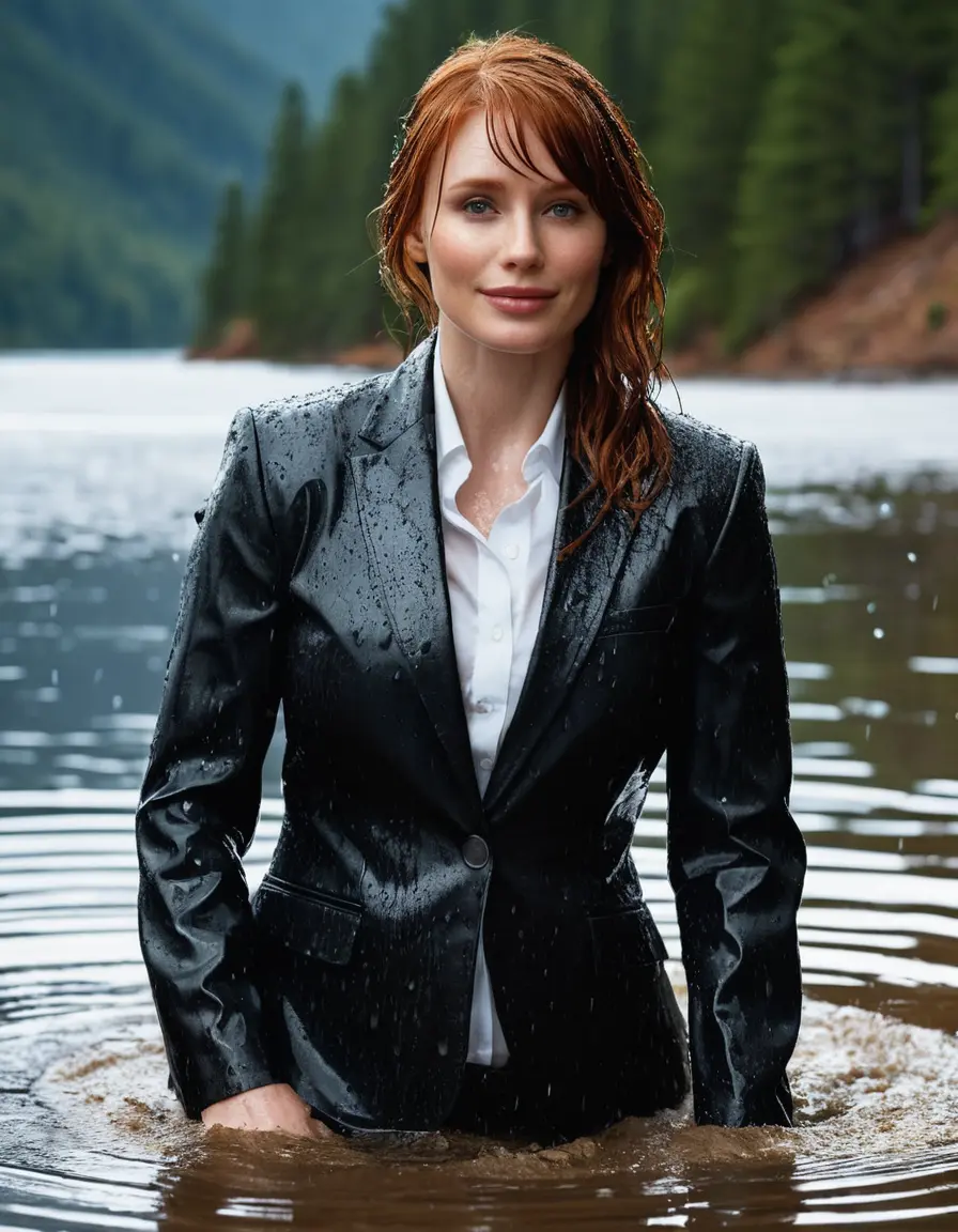 photo of young woman, in soaking wet, drenched clothes,
Black Business Trouser, Black Business Suit Jacket with white button down long sleeve business Shirt, Clear deep Mountain Lake, heavy rain, 
enjoying, wet clothes stuck to body,
detailed textures of the wet clothes, wet face, wet plastered hair,
wet, drenched, professional, high-quality details, full body view.
sharp focus, ultra-high pixel detail, realistic, high-quality, full colors, incredibly detailed, 4k, 8k, 16k, hyper-realistic, RAW photo, masterpiece, ultra-detailed, professionally color graded, professional photograph, bryce dallas howard, completely soaked, fully drenched, completely wet, wetlook, heavy rain, emerging,  she smiles, side parting, open hair, rain storm, heavy rain