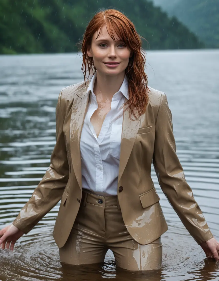 photo of young woman, in soaking wet, drenched clothes,
Beige Business Trouser, Beige Business Suit Jacket with white button down long sleeve business Shirt, Clear deep Mountain Lake, heavy rain, 
enjoying, wet clothes stuck to body,
detailed textures of the wet clothes, wet face, wet plastered hair,
wet, drenched, professional, high-quality details, full body view.
sharp focus, ultra-high pixel detail, realistic, high-quality, full colors, incredibly detailed, 4k, 8k, 16k, hyper-realistic, RAW photo, masterpiece, ultra-detailed, professionally color graded, professional photograph, bryce dallas howard, completely soaked, fully drenched, completely wet, wetlook, heavy rain, emerging,  she smiles, side parting, open hair, rain storm, heavy rain
