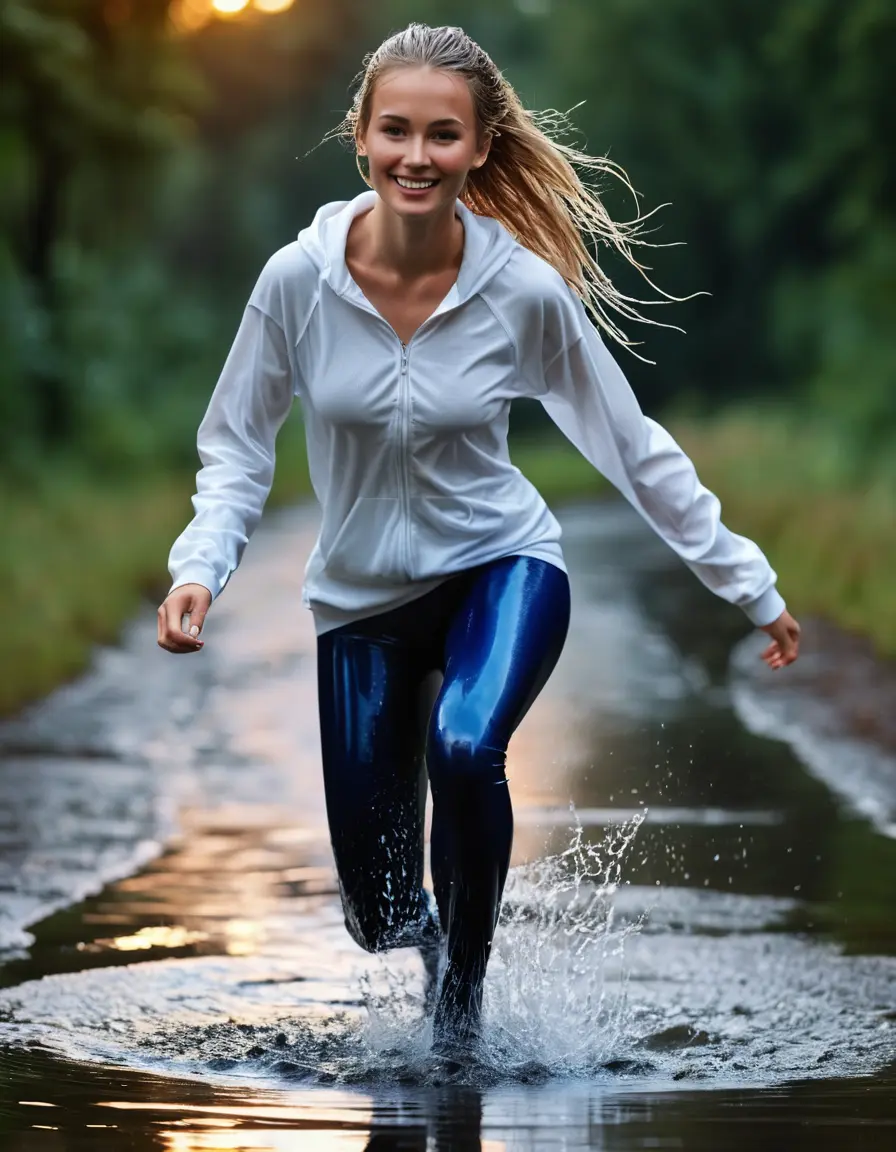 photo of young woman, in soaking wet, drenched clothes,
running sneaker und high white socks, long dark blue tight wet glistening leggings, white shirt wet transparent, silber necklace, soaked through, woman 31 years old smile, medium boobs transparent naked, blond long volume hair, sit in a puddle, sunset, 
enjoying, wet clothes stuck to body,
detailed textures of the wet clothes, wet face, wet plastered hair,
wet, drenched, professional, high-quality details, full body view.
sharp focus, ultra-high pixel detail, realistic, high-quality, full colors, incredibly detailed, 4k, 8k, 16k, hyper-realistic, RAW photo, masterpiece, ultra-detailed, professionally color graded, professional photograph, hdr10, high resolution, 8k, realistiic, hot pose