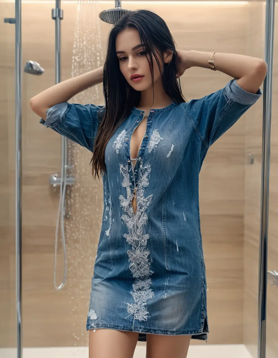 photo of young woman, in soaking wet, drenched clothes,
Very High heels, Jeans shorts , Skin tight Cotton round neck very long kurti with embroidery designs, half sleeve, transparent , ,Women carrying at shower in luxury bathroom with ambient and mood lights,super close up, 
enjoying, wet clothes stuck to body,
detailed textures of the wet clothes, wet face, wet plastered hair,
wet, drenched, professional, high-quality details, full body view.
sharp focus, ultra-high pixel detail, realistic, high-quality, full colors, incredibly detailed, 4k, 8k, 16k, hyper-realistic, RAW photo, masterpiece, ultra-detailed, professionally color graded, professional photograph,  Stylish Straight open hairstyle , fully dark  , black straight hair , huge thick ass, clevage , thin chain on neck, no hair part, wearing a luxury wrist watch , 5feet tall
