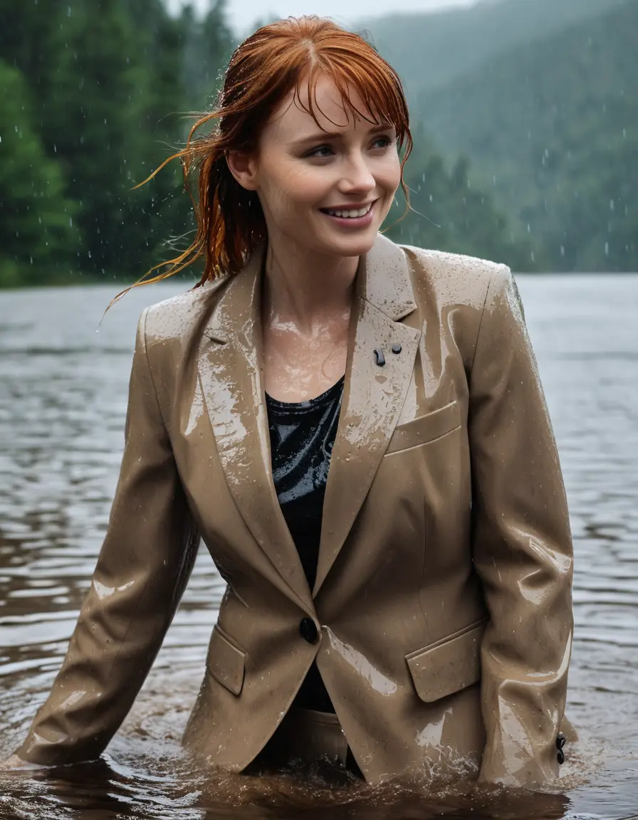 photo of young woman, in soaking wet, drenched clothes,
Beige Business Trouser, Beige Business Suit Jacket with Black button down long sleeve business Shirt, Clear deep Mountain Lake, heavy rain, 
enjoying, wet clothes stuck to body,
detailed textures of the wet clothes, wet face, wet plastered hair,
wet, drenched, professional, high-quality details, full body view.
sharp focus, ultra-high pixel detail, realistic, high-quality, full colors, incredibly detailed, 4k, 8k, 16k, hyper-realistic, RAW photo, masterpiece, ultra-detailed, professionally color graded, professional photograph, bryce dallas howard, completely soaked, fully drenched, completely wet, wetlook, heavy rain, emerging,  she smiles, side parting, open hair, rain storm, heavy rain