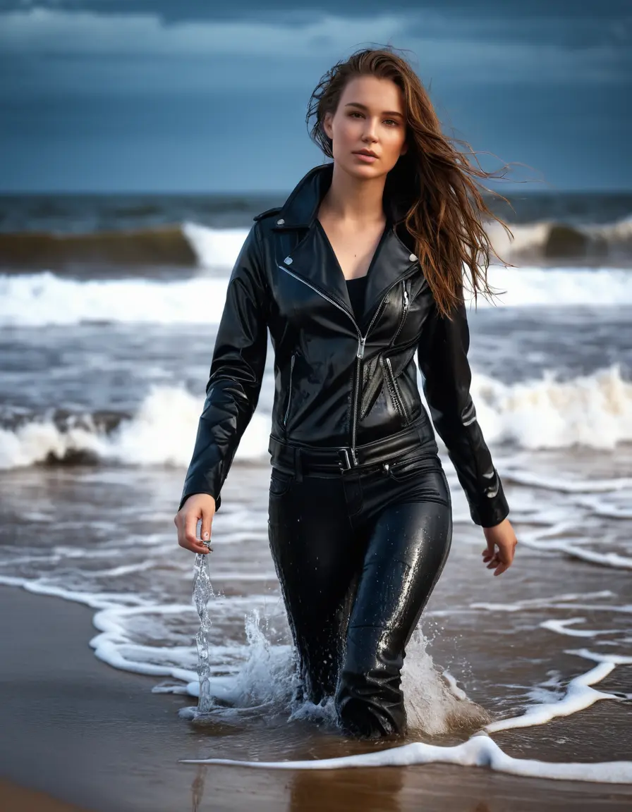 photo of young woman, in soaking wet, drenched clothes,
skin tight leather boots, black leather jeans, black latex polar neck tank top and a black leather jacket, walking in the waves on a beach, heavy rain at night, 
enjoying, wet clothes stuck to body,
detailed textures of the wet clothes, wet face, wet plastered hair,
wet, drenched, professional, high-quality details, full body view.
sharp focus, ultra-high pixel detail, realistic, high-quality, full colors, incredibly detailed, 4k, 8k, 16k, hyper-realistic, RAW photo, masterpiece, ultra-detailed, professionally color graded, professional photograph, white woman with long brown loose hair