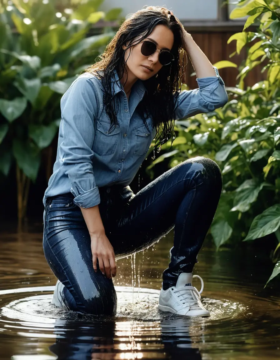 photo of young woman, in soaking wet, drenched clothes,
sneaker, black tight wet glistening high-waisted jeans, blue jeans shirt with long sleeves, under shower in the flooded garden, sunny day, 
enjoying, wet clothes stuck to body,
detailed textures of the wet clothes, wet face, wet plastered hair,
wet, drenched, professional, high-quality details, full body view.
sharp focus, ultra-high pixel detail, realistic, high-quality, full colors, incredibly detailed, 4k, 8k, 16k, hyper-realistic, RAW photo, masterpiece, ultra-detailed, professionally color graded, professional photograph, woman 51 years old, black long hair, complete body, office sun light glasses
