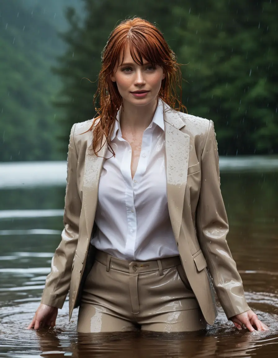 photo of young woman, in soaking wet, drenched clothes,
Beige Business Trouser, Beige Business Suit Jacket with white button down long sleeve business Shirt, Clear deep Mountain Lake, heavy rain, 
enjoying, wet clothes stuck to body,
detailed textures of the wet clothes, wet face, wet plastered hair,
wet, drenched, professional, high-quality details, full body view.
sharp focus, ultra-high pixel detail, realistic, high-quality, full colors, incredibly detailed, 4k, 8k, 16k, hyper-realistic, RAW photo, masterpiece, ultra-detailed, professionally color graded, professional photograph, bryce dallas howard, completely soaked, fully drenched, completely wet, wetlook, heavy rain, emerging,  she smiles, side parting, open hair, rain storm, heavy rain