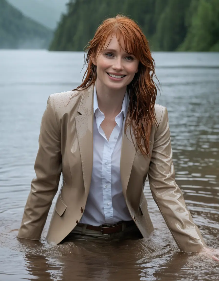 photo of young woman, in soaking wet, drenched clothes,
Beige Business Trouser, Beige Business Suit Jacket with white button down long sleeve business Shirt, Clear deep Mountain Lake, heavy rain, 
enjoying, wet clothes stuck to body,
detailed textures of the wet clothes, wet face, wet plastered hair,
wet, drenched, professional, high-quality details, full body view.
sharp focus, ultra-high pixel detail, realistic, high-quality, full colors, incredibly detailed, 4k, 8k, 16k, hyper-realistic, RAW photo, masterpiece, ultra-detailed, professionally color graded, professional photograph, bryce dallas howard, completely soaked, fully drenched, completely wet, wetlook, heavy rain, emerging,  she smiles, side parting, open hair, rain storm, heavy rain