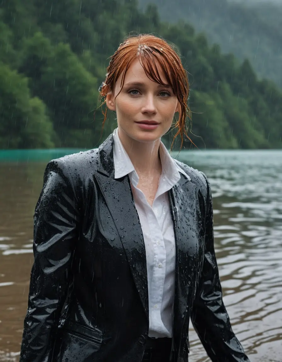 photo of young woman, in soaking wet, drenched clothes,
Black Business Trouser, Black Business Suit Jacket with white button down long sleeve business Shirt, Clear deep Mountain Lake, heavy rain, 
enjoying, wet clothes stuck to body,
detailed textures of the wet clothes, wet face, wet plastered hair,
wet, drenched, professional, high-quality details, full body view.
sharp focus, ultra-high pixel detail, realistic, high-quality, full colors, incredibly detailed, 4k, 8k, 16k, hyper-realistic, RAW photo, masterpiece, ultra-detailed, professionally color graded, professional photograph, bryce dallas howard, completely soaked, fully drenched, completely wet, wetlook, heavy rain, emerging,  she smiles, side parting, open hair, rain storm, heavy rain