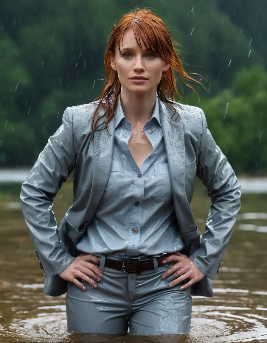 photo of young woman, in soaking wet, drenched clothes,
Light Gray Business Trouser, Light Gray Business Suit Jacket with Light Blue button down long sleeve business Shirt, Clear deep Mountain Lake, heavy rain, 
enjoying, wet clothes stuck to body,
detailed textures of the wet clothes, wet face, wet plastered hair,
wet, drenched, professional, high-quality details, full body view.
sharp focus, ultra-high pixel detail, realistic, high-quality, full colors, incredibly detailed, 4k, 8k, 16k, hyper-realistic, RAW photo, masterpiece, ultra-detailed, professionally color graded, professional photograph, bryce dallas howard, completely soaked, fully drenched, completely wet, wetlook, heavy rain, emerging,  she smiles, side parting, open hair, rain storm, heavy rain