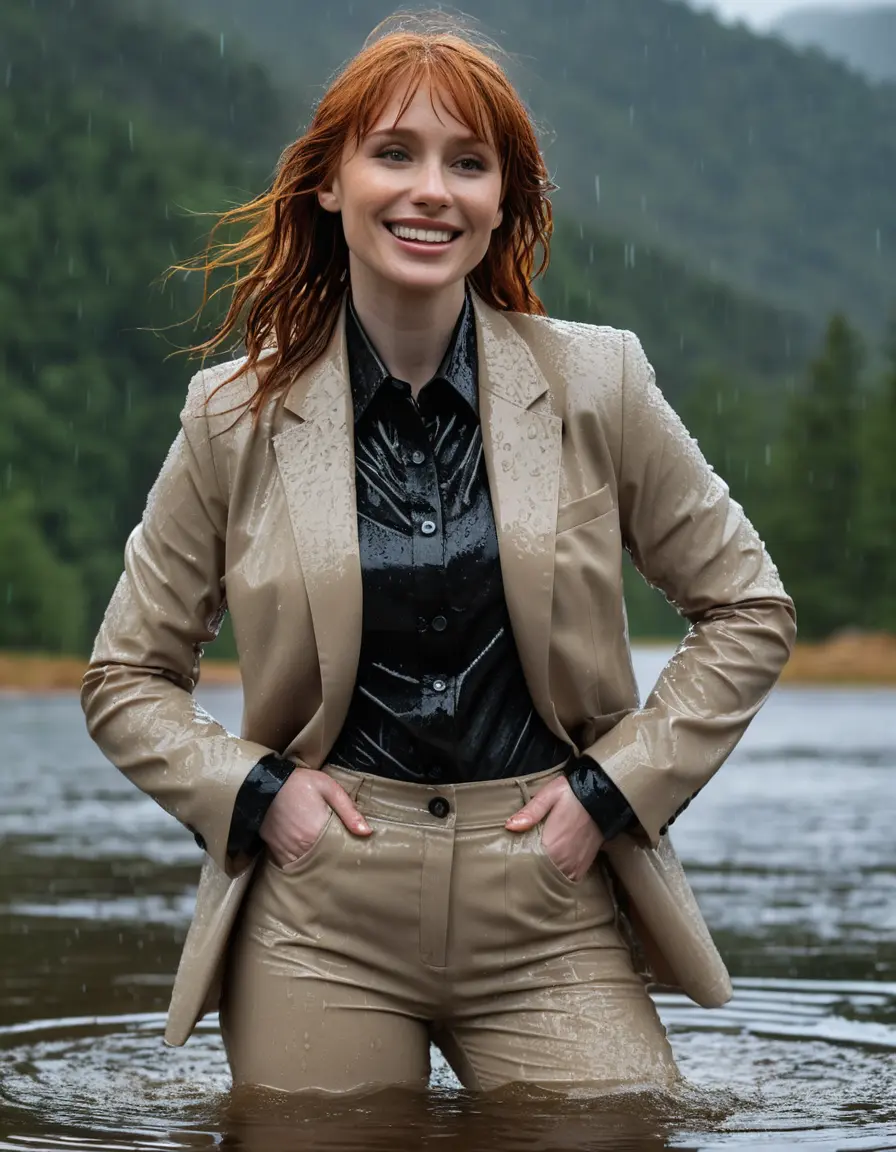 photo of young woman, in soaking wet, drenched clothes,
Beige Business Trouser, Beige Business Suit Jacket with Black button down long sleeve business Shirt, Clear deep Mountain Lake, heavy rain, 
enjoying, wet clothes stuck to body,
detailed textures of the wet clothes, wet face, wet plastered hair,
wet, drenched, professional, high-quality details, full body view.
sharp focus, ultra-high pixel detail, realistic, high-quality, full colors, incredibly detailed, 4k, 8k, 16k, hyper-realistic, RAW photo, masterpiece, ultra-detailed, professionally color graded, professional photograph, bryce dallas howard, completely soaked, fully drenched, completely wet, wetlook, heavy rain, emerging,  she smiles, side parting, open hair, rain storm, heavy rain