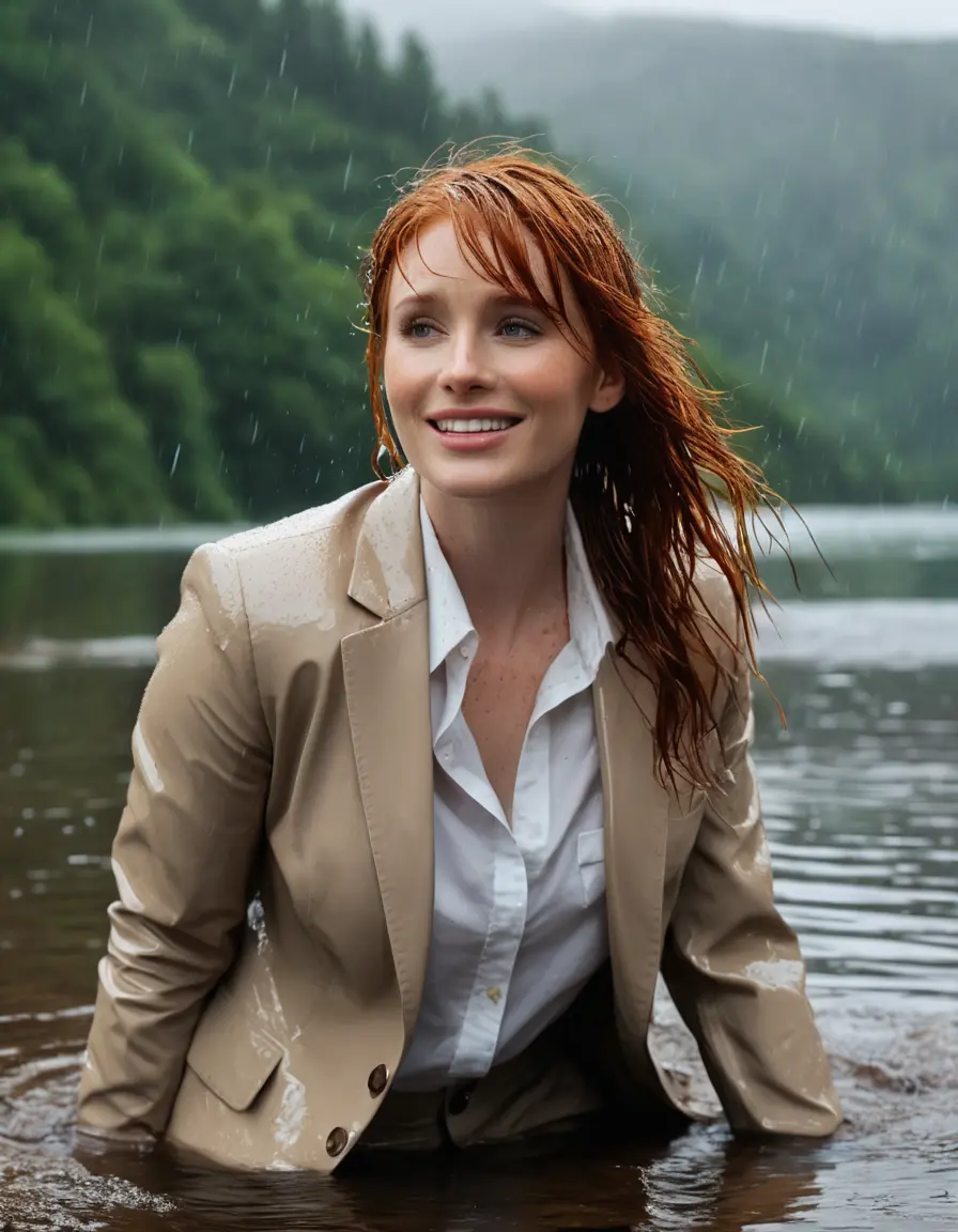 photo of young woman, in soaking wet, drenched clothes,
Beige Business Trouser, Beige Business Suit Jacket with white button down long sleeve business Shirt, Clear deep Mountain Lake, heavy rain, 
enjoying, wet clothes stuck to body,
detailed textures of the wet clothes, wet face, wet plastered hair,
wet, drenched, professional, high-quality details, full body view.
sharp focus, ultra-high pixel detail, realistic, high-quality, full colors, incredibly detailed, 4k, 8k, 16k, hyper-realistic, RAW photo, masterpiece, ultra-detailed, professionally color graded, professional photograph, bryce dallas howard, completely soaked, fully drenched, completely wet, wetlook, heavy rain, emerging,  she smiles, side parting, open hair, rain storm, heavy rain