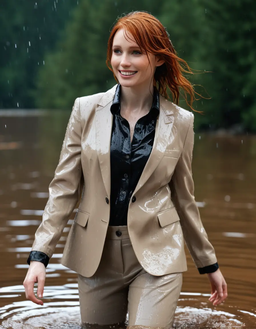 photo of young woman, in soaking wet, drenched clothes,
Beige Business Trouser, Beige Business Suit Jacket with Black button down long sleeve business Shirt, Clear deep Mountain Lake, heavy rain, 
enjoying, wet clothes stuck to body,
detailed textures of the wet clothes, wet face, wet plastered hair,
wet, drenched, professional, high-quality details, full body view.
sharp focus, ultra-high pixel detail, realistic, high-quality, full colors, incredibly detailed, 4k, 8k, 16k, hyper-realistic, RAW photo, masterpiece, ultra-detailed, professionally color graded, professional photograph, bryce dallas howard, completely soaked, fully drenched, completely wet, wetlook, heavy rain, emerging,  she smiles, side parting, open hair, rain storm, heavy rain
