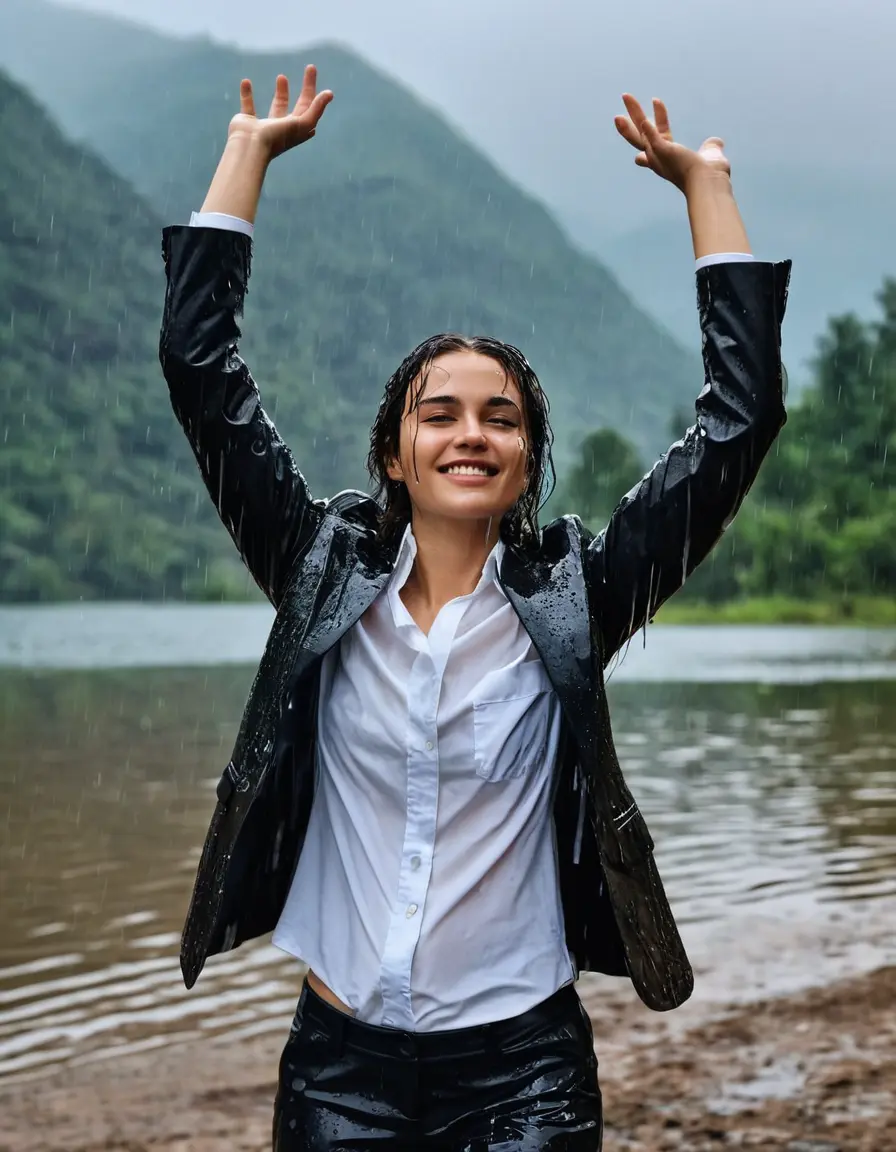 photo of young woman, in soaking wet, drenched clothes,
Black Business Trouser, Black Business Suit Jacket with white button down long sleeve business Shirt, Clear deep Mountain Lake, heavy rain, 
enjoying, wet clothes stuck to body,
detailed textures of the wet clothes, wet face, wet plastered hair,
wet, drenched, professional, high-quality details, full body view.
sharp focus, ultra-high pixel detail, realistic, high-quality, full colors, incredibly detailed, 4k, 8k, 16k, hyper-realistic, RAW photo, masterpiece, ultra-detailed, professionally color graded, professional photograph, Nazan Eckes, completely soaked, fully drenched, completely wet, wetlook, heavy rain, emerging,  she smiles, side parting, open hair, rain storm, heavy rain
