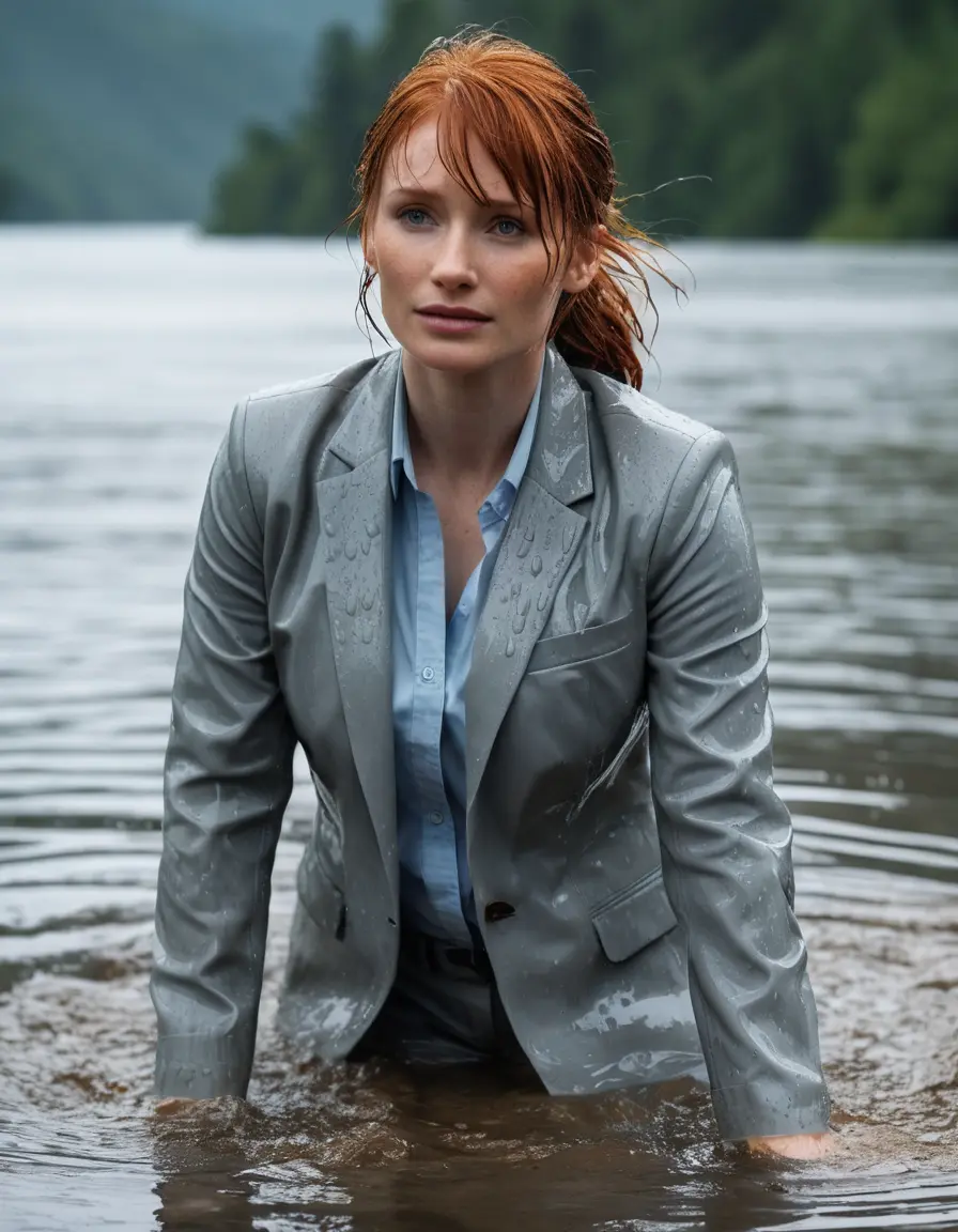 photo of young woman, in soaking wet, drenched clothes,
Light Gray Business Trouser, Light Gray Business Suit Jacket with Light Blue button down long sleeve business Shirt, Clear deep Mountain Lake, heavy rain, 
enjoying, wet clothes stuck to body,
detailed textures of the wet clothes, wet face, wet plastered hair,
wet, drenched, professional, high-quality details, full body view.
sharp focus, ultra-high pixel detail, realistic, high-quality, full colors, incredibly detailed, 4k, 8k, 16k, hyper-realistic, RAW photo, masterpiece, ultra-detailed, professionally color graded, professional photograph, bryce dallas howard, completely soaked, fully drenched, completely wet, wetlook, heavy rain, emerging,  she smiles, side parting, open hair, rain storm, heavy rain