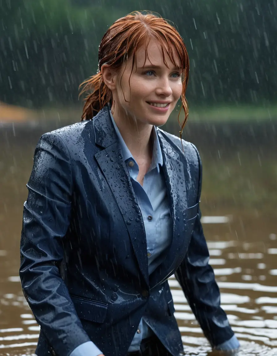 photo of young woman, in soaking wet, drenched clothes,
Dark Blue Business Trouser, Dark Blue Business Suit Jacket with Light Blue button down long sleeve business Shirt, Clear deep Mountain Lake, heavy rain, 
enjoying, wet clothes stuck to body,
detailed textures of the wet clothes, wet face, wet plastered hair,
wet, drenched, professional, high-quality details, full body view.
sharp focus, ultra-high pixel detail, realistic, high-quality, full colors, incredibly detailed, 4k, 8k, 16k, hyper-realistic, RAW photo, masterpiece, ultra-detailed, professionally color graded, professional photograph, bryce dallas howard, completely soaked, fully drenched, completely wet, wetlook, heavy rain, she smiles, side parting, open hair, rain storm, heavy rain