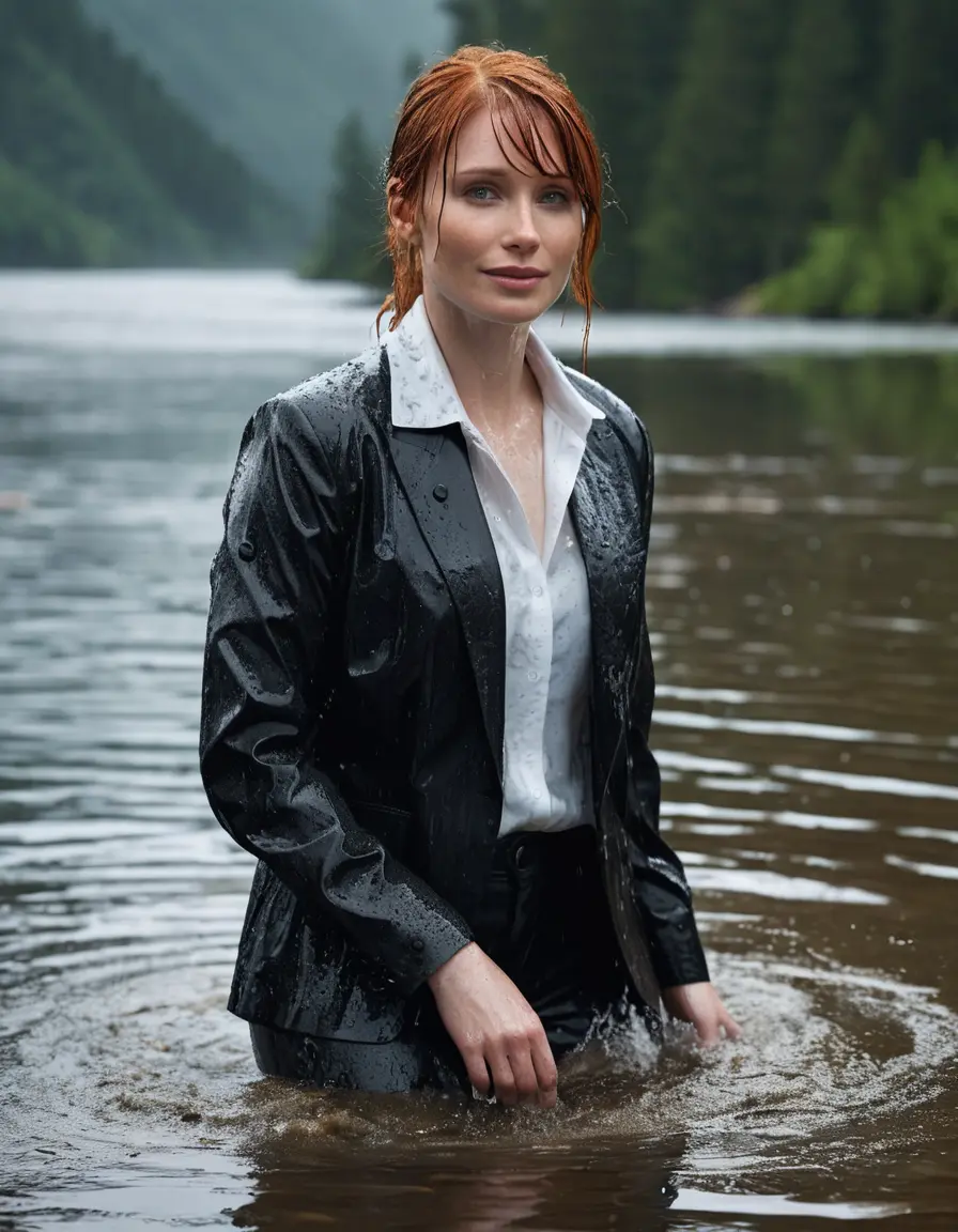 photo of young woman, in soaking wet, drenched clothes,
Black Business Trouser, Black Business Suit Jacket with white button down long sleeve business Shirt, Clear deep Mountain Lake, heavy rain, 
enjoying, wet clothes stuck to body,
detailed textures of the wet clothes, wet face, wet plastered hair,
wet, drenched, professional, high-quality details, full body view.
sharp focus, ultra-high pixel detail, realistic, high-quality, full colors, incredibly detailed, 4k, 8k, 16k, hyper-realistic, RAW photo, masterpiece, ultra-detailed, professionally color graded, professional photograph, bryce dallas howard, completely soaked, fully drenched, completely wet, wetlook, heavy rain, emerging,  she smiles, side parting, open hair, rain storm, heavy rain