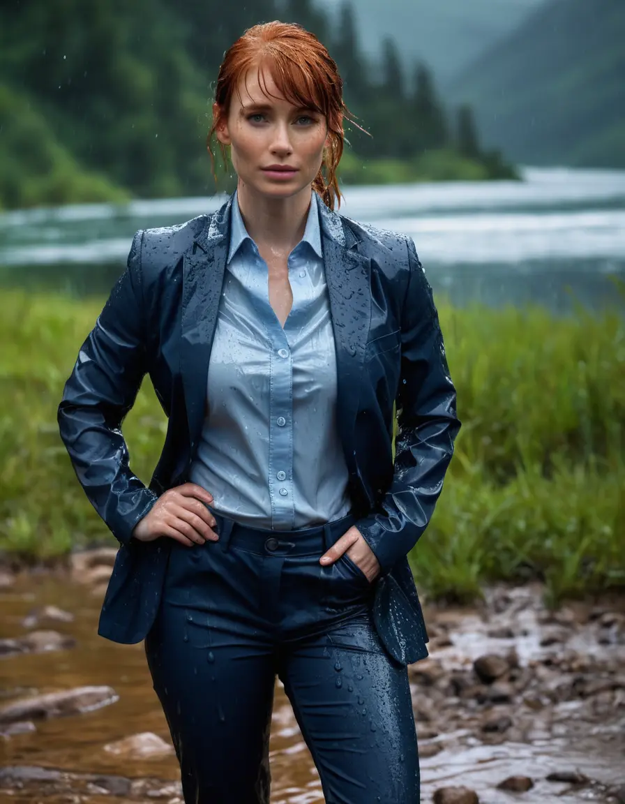 photo of young woman, in soaking wet, drenched clothes,
Dark Blue Business Trouser, Dark Blue Business Suit Jacket with Light Blue button down long sleeve business Shirt, Clear deep Mountain Lake, heavy rain, 
enjoying, wet clothes stuck to body,
detailed textures of the wet clothes, wet face, wet plastered hair,
wet, drenched, professional, high-quality details, full body view.
sharp focus, ultra-high pixel detail, realistic, high-quality, full colors, incredibly detailed, 4k, 8k, 16k, hyper-realistic, RAW photo, masterpiece, ultra-detailed, professionally color graded, professional photograph, bryce dallas howard, completely soaked, fully drenched, completely wet, wetlook, heavy rain, she smiles, side parting, open hair, rain storm, heavy rain