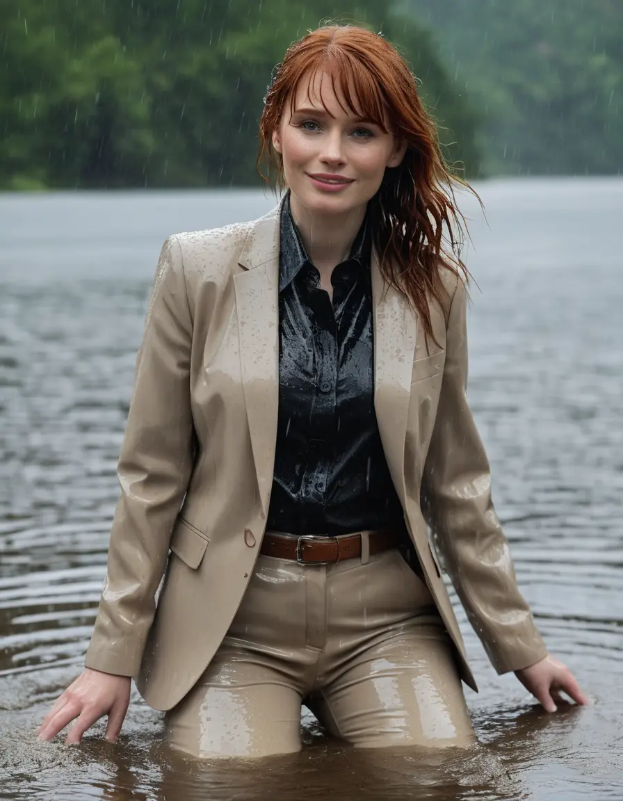 photo of young woman, in soaking wet, drenched clothes,
Beige Business Trouser, Beige Business Suit Jacket with Black button down long sleeve business Shirt, Clear deep Mountain Lake, heavy rain, 
enjoying, wet clothes stuck to body,
detailed textures of the wet clothes, wet face, wet plastered hair,
wet, drenched, professional, high-quality details, full body view.
sharp focus, ultra-high pixel detail, realistic, high-quality, full colors, incredibly detailed, 4k, 8k, 16k, hyper-realistic, RAW photo, masterpiece, ultra-detailed, professionally color graded, professional photograph, bryce dallas howard, completely soaked, fully drenched, completely wet, wetlook, heavy rain, emerging,  she smiles, side parting, open hair, rain storm, heavy rain