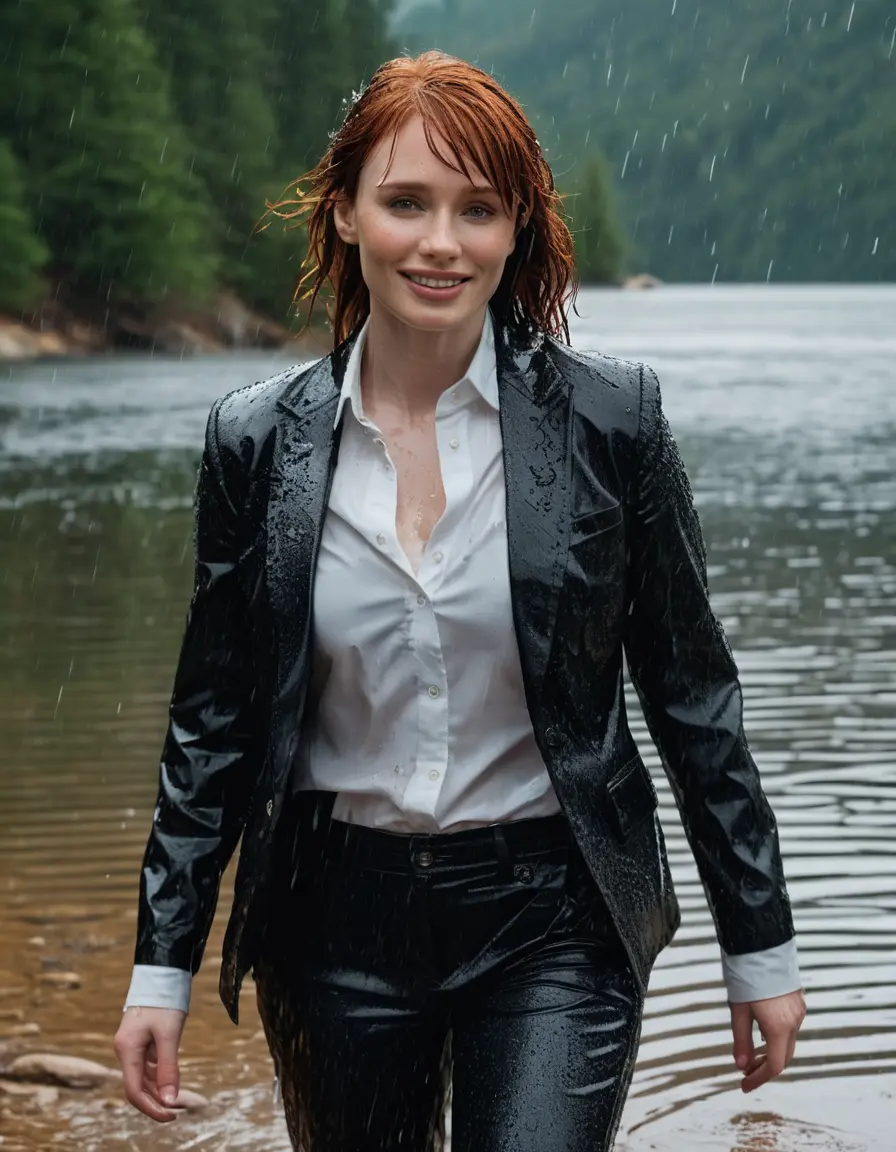 photo of young woman, in soaking wet, drenched clothes,
Black Business Trouser, Black Business Suit Jacket with white button down long sleeve business Shirt, Clear deep Mountain Lake, heavy rain, 
enjoying, wet clothes stuck to body,
detailed textures of the wet clothes, wet face, wet plastered hair,
wet, drenched, professional, high-quality details, full body view.
sharp focus, ultra-high pixel detail, realistic, high-quality, full colors, incredibly detailed, 4k, 8k, 16k, hyper-realistic, RAW photo, masterpiece, ultra-detailed, professionally color graded, professional photograph, bryce dallas howard, completely soaked, fully drenched, completely wet, wetlook, heavy rain, emerging,  she smiles, side parting, open hair, rain storm, heavy rain