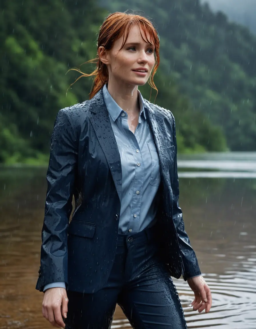 photo of young woman, in soaking wet, drenched clothes,
Dark Blue Business Trouser, Dark Blue Business Suit Jacket with Light Blue button down long sleeve business Shirt, Clear deep Mountain Lake, heavy rain, 
enjoying, wet clothes stuck to body,
detailed textures of the wet clothes, wet face, wet plastered hair,
wet, drenched, professional, high-quality details, full body view.
sharp focus, ultra-high pixel detail, realistic, high-quality, full colors, incredibly detailed, 4k, 8k, 16k, hyper-realistic, RAW photo, masterpiece, ultra-detailed, professionally color graded, professional photograph, bryce dallas howard, completely soaked, fully drenched, completely wet, wetlook, heavy rain, she smiles, side parting, open hair, rain storm, heavy rain