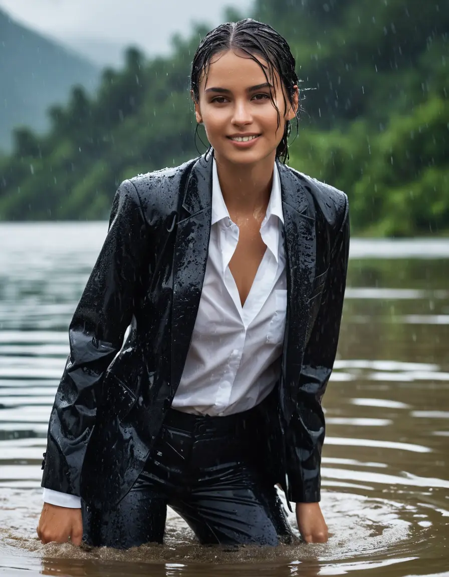 photo of young woman, in soaking wet, drenched clothes,
Black Business Trouser, Black Business Suit Jacket with white button down long sleeve business Shirt, Clear deep Mountain Lake, heavy rain, 
enjoying, wet clothes stuck to body,
detailed textures of the wet clothes, wet face, wet plastered hair,
wet, drenched, professional, high-quality details, full body view.
sharp focus, ultra-high pixel detail, realistic, high-quality, full colors, incredibly detailed, 4k, 8k, 16k, hyper-realistic, RAW photo, masterpiece, ultra-detailed, professionally color graded, professional photograph, Nazan Eckes, completely soaked, fully drenched, completely wet, wetlook, heavy rain, emerging,  she smiles, side parting, open hair, rain storm, heavy rain