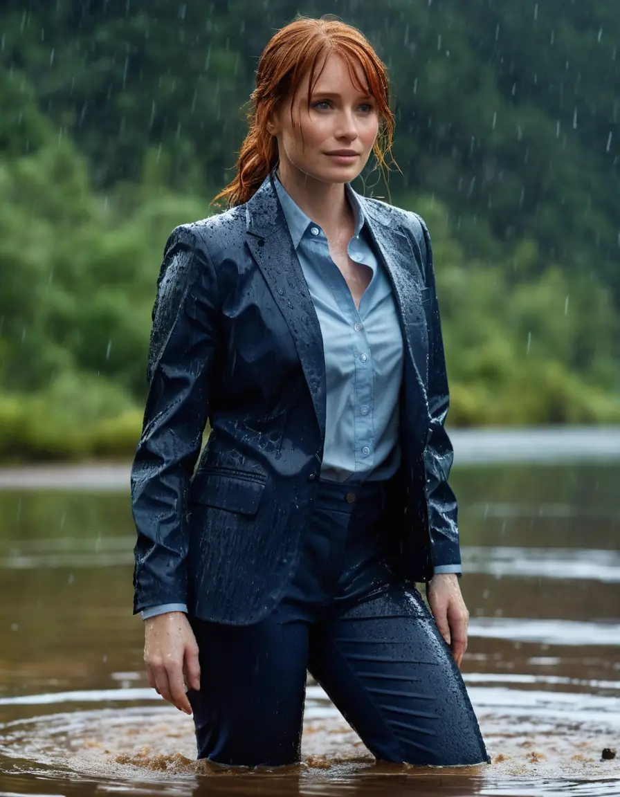 photo of young woman, in soaking wet, drenched clothes,
Dark Blue Business Trouser, Dark Blue Business Suit Jacket with Light Blue button down long sleeve business Shirt, Clear deep Mountain Lake, heavy rain, 
enjoying, wet clothes stuck to body,
detailed textures of the wet clothes, wet face, wet plastered hair,
wet, drenched, professional, high-quality details, full body view.
sharp focus, ultra-high pixel detail, realistic, high-quality, full colors, incredibly detailed, 4k, 8k, 16k, hyper-realistic, RAW photo, masterpiece, ultra-detailed, professionally color graded, professional photograph, bryce dallas howard, completely soaked, fully drenched, completely wet, wetlook, heavy rain, she smiles, side parting, open hair, rain storm, heavy rain