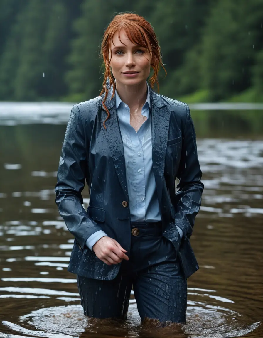 photo of young woman, in soaking wet, drenched clothes,
Dark Blue Business Trouser, Dark Blue Business Suit Jacket with Light Blue button down long sleeve business Shirt, Clear deep Mountain Lake, heavy rain, 
enjoying, wet clothes stuck to body,
detailed textures of the wet clothes, wet face, wet plastered hair,
wet, drenched, professional, high-quality details, full body view.
sharp focus, ultra-high pixel detail, realistic, high-quality, full colors, incredibly detailed, 4k, 8k, 16k, hyper-realistic, RAW photo, masterpiece, ultra-detailed, professionally color graded, professional photograph, bryce dallas howard, completely soaked, fully drenched, completely wet, wetlook, heavy rain, she smiles, side parting, open hair, rain storm, heavy rain