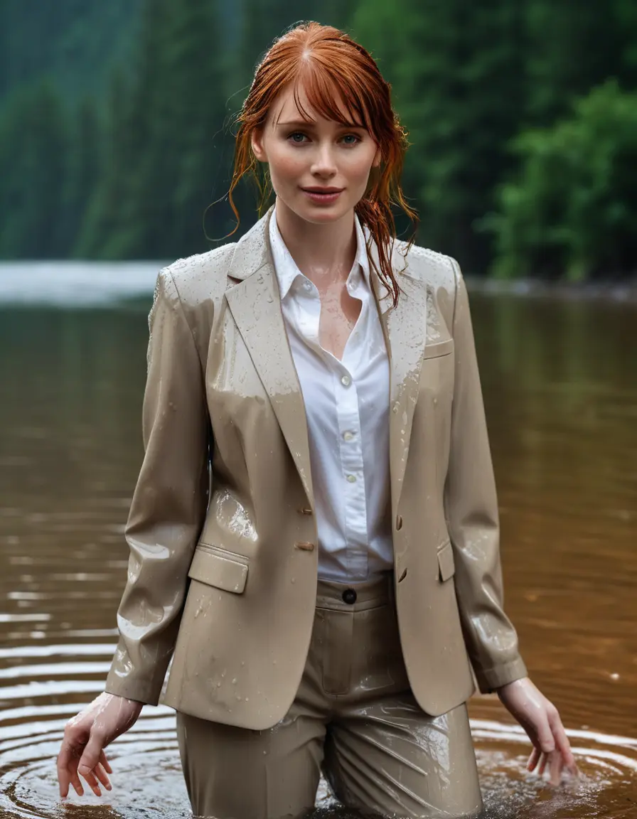 photo of young woman, in soaking wet, drenched clothes,
Beige Business Trouser, Beige Business Suit Jacket with white button down long sleeve business Shirt, Clear deep Mountain Lake, heavy rain, 
enjoying, wet clothes stuck to body,
detailed textures of the wet clothes, wet face, wet plastered hair,
wet, drenched, professional, high-quality details, full body view.
sharp focus, ultra-high pixel detail, realistic, high-quality, full colors, incredibly detailed, 4k, 8k, 16k, hyper-realistic, RAW photo, masterpiece, ultra-detailed, professionally color graded, professional photograph, bryce dallas howard, completely soaked, fully drenched, completely wet, wetlook, heavy rain, emerging,  she smiles, side parting, open hair, rain storm, heavy rain