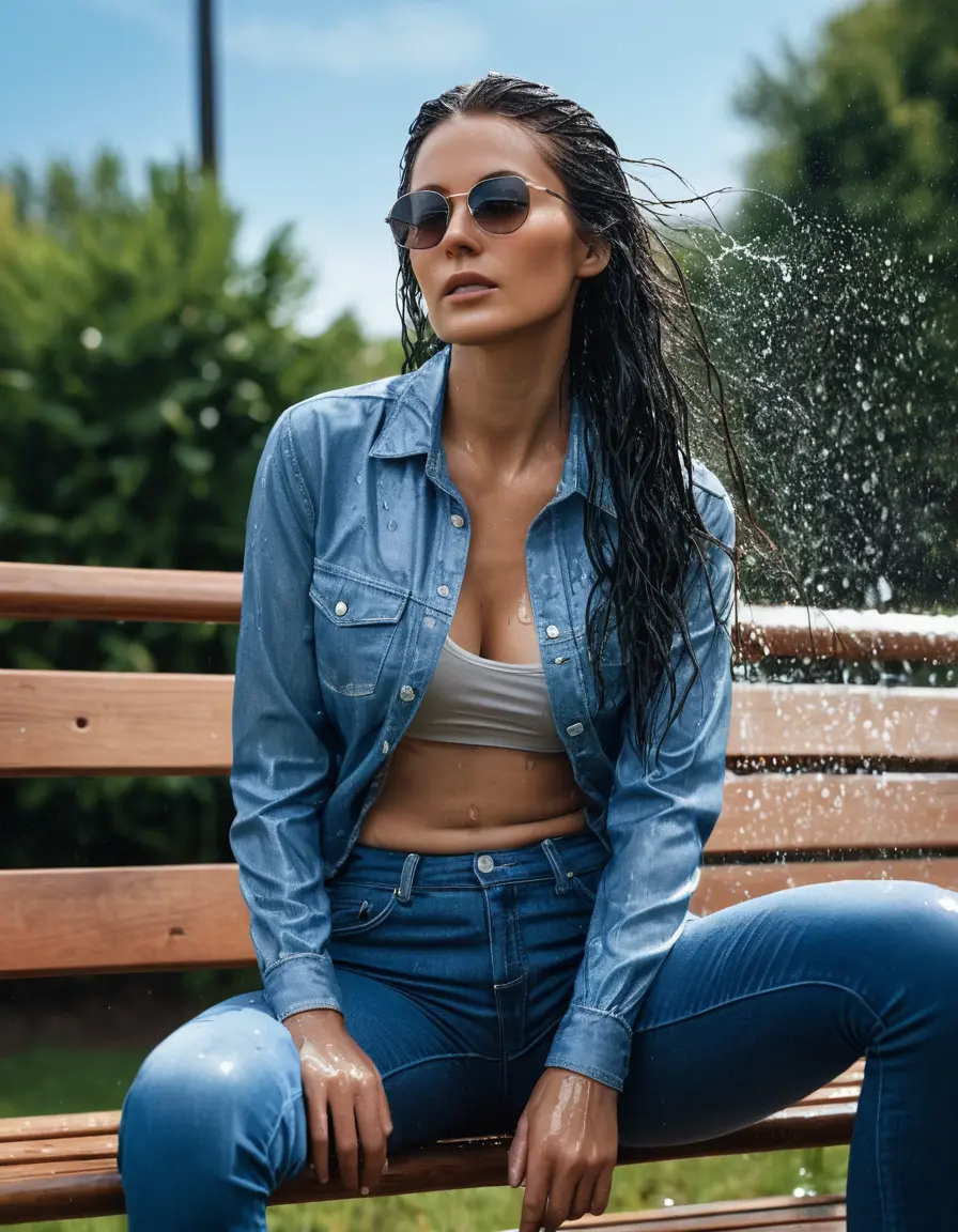 photo of young woman, in soaking wet, drenched clothes,
sneaker, long blue tight wet glistening high-waisted jeans, blue jeans shirt with long sleeves, siting on the bench under sprinklers, sunny day, 
enjoying, wet clothes stuck to body,
detailed textures of the wet clothes, wet face, wet plastered hair,
wet, drenched, professional, high-quality details, full body view.
sharp focus, ultra-high pixel detail, realistic, high-quality, full colors, incredibly detailed, 4k, 8k, 16k, hyper-realistic, RAW photo, masterpiece, ultra-detailed, professionally color graded, professional photograph, woman 51 years old, black long hair, complete body, open mouth, office glasses