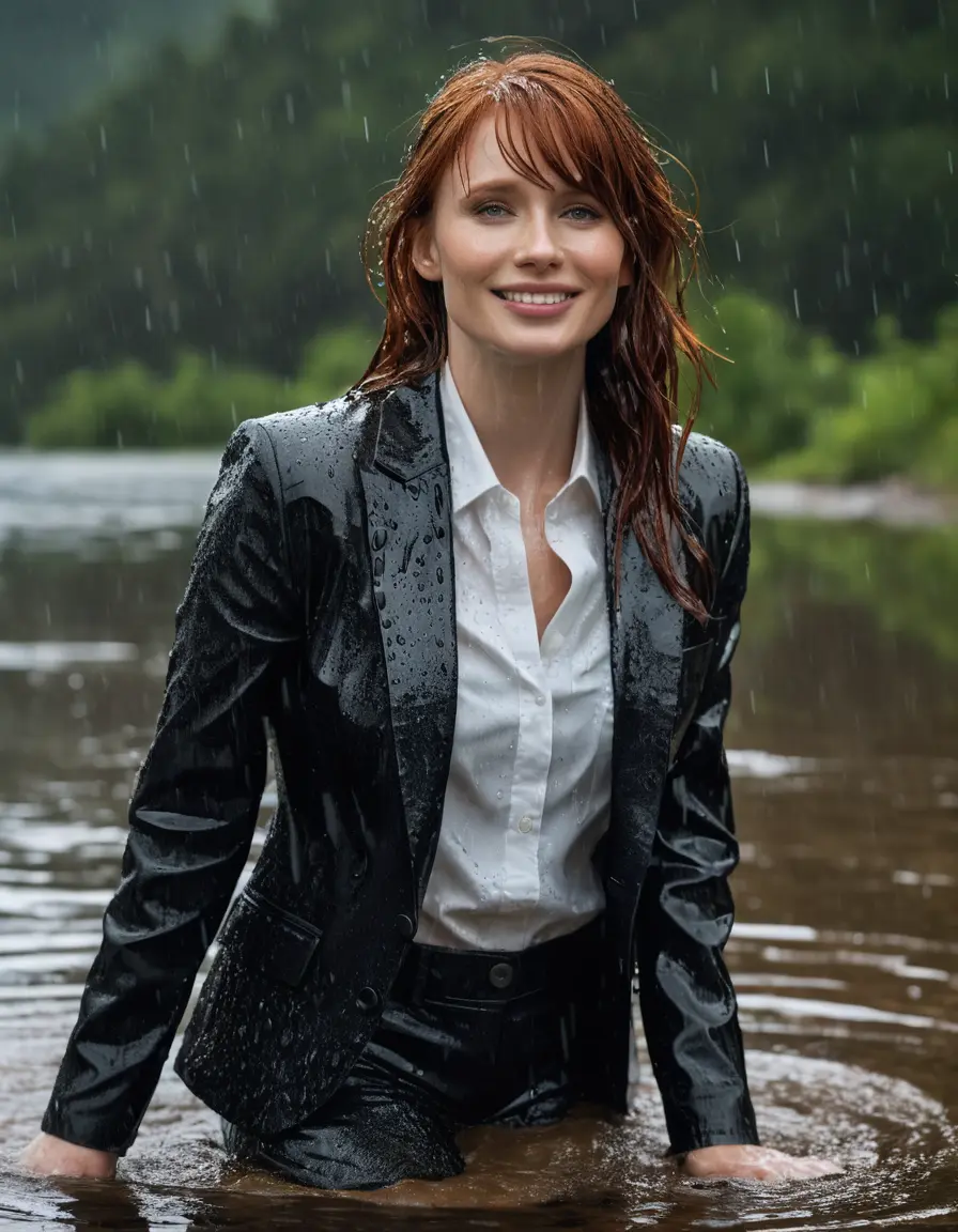 photo of young woman, in soaking wet, drenched clothes,
Black Business Trouser, Black Business Suit Jacket with white button down long sleeve business Shirt, Clear deep Mountain Lake, heavy rain, 
enjoying, wet clothes stuck to body,
detailed textures of the wet clothes, wet face, wet plastered hair,
wet, drenched, professional, high-quality details, full body view.
sharp focus, ultra-high pixel detail, realistic, high-quality, full colors, incredibly detailed, 4k, 8k, 16k, hyper-realistic, RAW photo, masterpiece, ultra-detailed, professionally color graded, professional photograph, bryce dallas howard, completely soaked, fully drenched, completely wet, wetlook, heavy rain, emerging,  she smiles, side parting, open hair, rain storm, heavy rain
