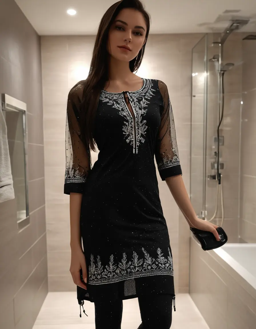 photo of young woman, in soaking wet, drenched clothes,
Very High heels, Legging , Skin tight Cotton round neck very long kurti with embroidery designs, half sleeve, transparent , ,Women carrying at shower in luxury bathroom with ambient and mood lights,super close up, 
enjoying, wet clothes stuck to body,
detailed textures of the wet clothes, wet face, wet plastered hair,
wet, drenched, professional, high-quality details, full body view.
sharp focus, ultra-high pixel detail, realistic, high-quality, full colors, incredibly detailed, 4k, 8k, 16k, hyper-realistic, RAW photo, masterpiece, ultra-detailed, professionally color graded, professional photograph,  Stylish Straight open hairstyle , fully dark  , black straight hair, campfire , huge thick ass, clevage , thin chain on neck, no hair part, wearing a luxury wrist watch 
