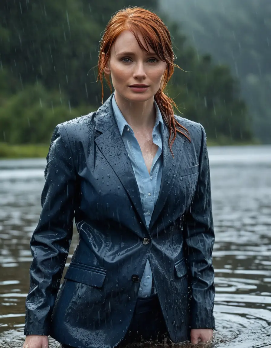 photo of young woman, in soaking wet, drenched clothes,
Dark Blue Business Trouser, Dark Blue Business Suit Jacket with Light Blue button down long sleeve business Shirt, Clear deep Mountain Lake, heavy rain, 
enjoying, wet clothes stuck to body,
detailed textures of the wet clothes, wet face, wet plastered hair,
wet, drenched, professional, high-quality details, full body view.
sharp focus, ultra-high pixel detail, realistic, high-quality, full colors, incredibly detailed, 4k, 8k, 16k, hyper-realistic, RAW photo, masterpiece, ultra-detailed, professionally color graded, professional photograph, bryce dallas howard, completely soaked, fully drenched, completely wet, wetlook, heavy rain, she smiles, side parting, open hair, rain storm, heavy rain