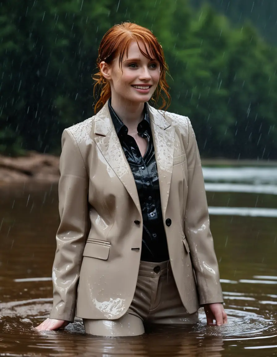 photo of young woman, in soaking wet, drenched clothes,
Beige Business Trouser, Beige Business Suit Jacket with Black button down long sleeve business Shirt, Clear deep Mountain Lake, heavy rain, 
enjoying, wet clothes stuck to body,
detailed textures of the wet clothes, wet face, wet plastered hair,
wet, drenched, professional, high-quality details, full body view.
sharp focus, ultra-high pixel detail, realistic, high-quality, full colors, incredibly detailed, 4k, 8k, 16k, hyper-realistic, RAW photo, masterpiece, ultra-detailed, professionally color graded, professional photograph, bryce dallas howard, completely soaked, fully drenched, completely wet, wetlook, heavy rain, emerging,  she smiles, side parting, open hair, rain storm, heavy rain