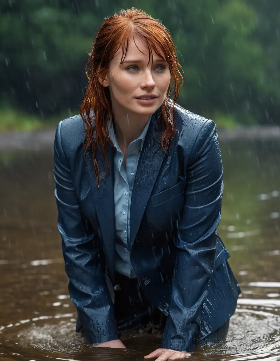 photo of young woman, in soaking wet, drenched clothes,
Dark Blue Business Trouser, Dark Blue Business Suit Jacket with Light Blue button down long sleeve business Shirt, Clear deep Mountain Lake, heavy rain, 
enjoying, wet clothes stuck to body,
detailed textures of the wet clothes, wet face, wet plastered hair,
wet, drenched, professional, high-quality details, full body view.
sharp focus, ultra-high pixel detail, realistic, high-quality, full colors, incredibly detailed, 4k, 8k, 16k, hyper-realistic, RAW photo, masterpiece, ultra-detailed, professionally color graded, professional photograph, bryce dallas howard, completely soaked, fully drenched, completely wet, wetlook, heavy rain, she smiles, side parting, open hair, rain storm, heavy rain