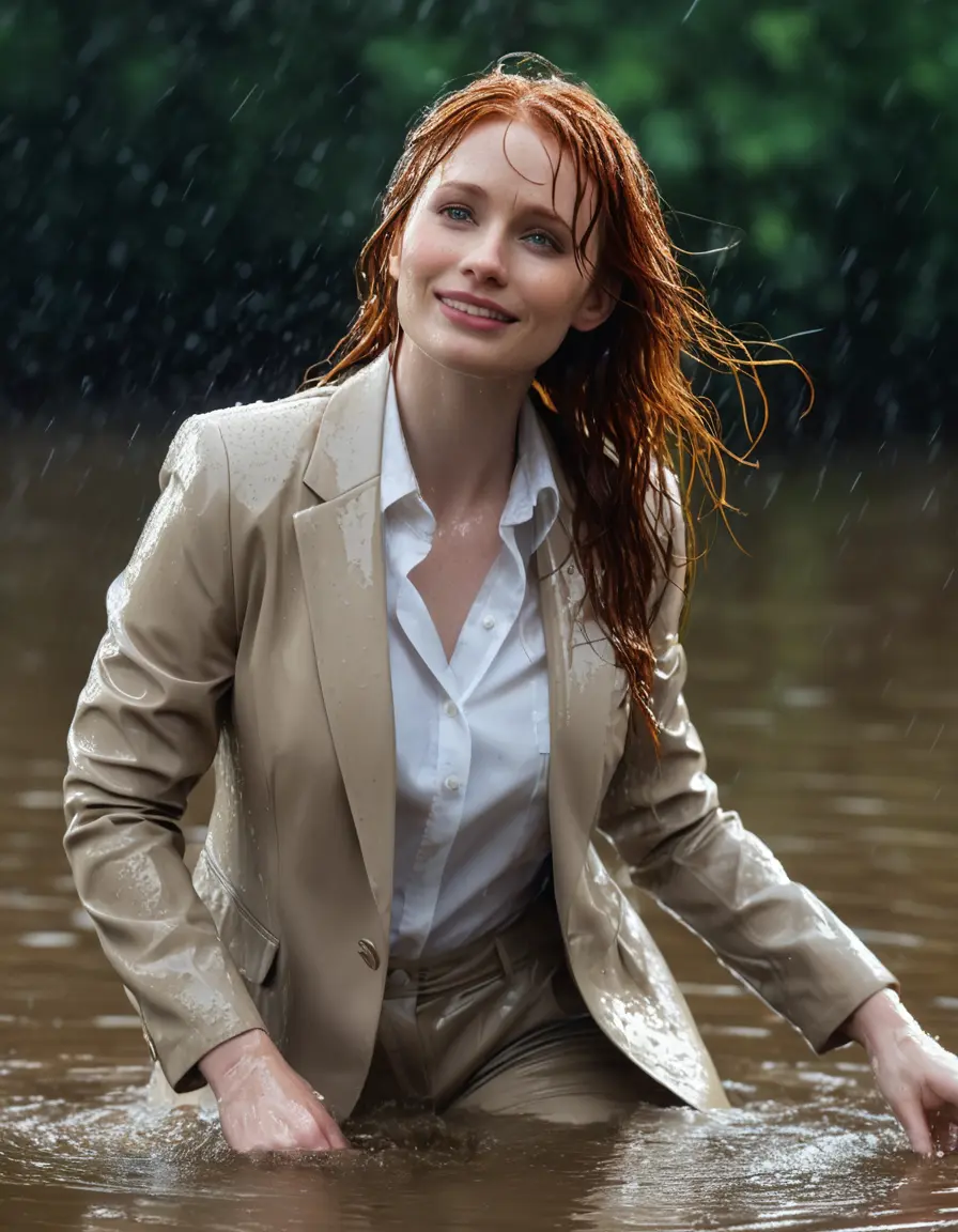 photo of young woman, in soaking wet, drenched clothes,
Beige Business Trouser, Beige Business Suit Jacket with white button down long sleeve business Shirt, Clear deep Mountain Lake, heavy rain, 
enjoying, wet clothes stuck to body,
detailed textures of the wet clothes, wet face, wet plastered hair,
wet, drenched, professional, high-quality details, full body view.
sharp focus, ultra-high pixel detail, realistic, high-quality, full colors, incredibly detailed, 4k, 8k, 16k, hyper-realistic, RAW photo, masterpiece, ultra-detailed, professionally color graded, professional photograph, bryce dallas howard, completely soaked, fully drenched, completely wet, wetlook, heavy rain, emerging,  she smiles, side parting, open hair, rain storm, heavy rain