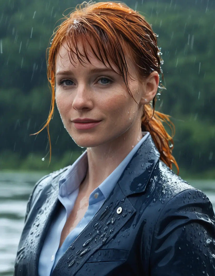 photo of young woman, in soaking wet, drenched clothes,
Dark Blue Business Trouser, Dark Blue Business Suit Jacket with Light Blue button down long sleeve business Shirt, Clear deep Mountain Lake, heavy rain, 
enjoying, wet clothes stuck to body,
detailed textures of the wet clothes, wet face, wet plastered hair,
wet, drenched, professional, high-quality details, full body view.
sharp focus, ultra-high pixel detail, realistic, high-quality, full colors, incredibly detailed, 4k, 8k, 16k, hyper-realistic, RAW photo, masterpiece, ultra-detailed, professionally color graded, professional photograph, bryce dallas howard, completely soaked, fully drenched, completely wet, wetlook, heavy rain, she smiles, side parting, open hair, rain storm, heavy rain